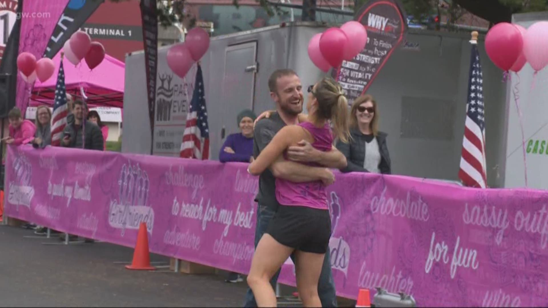 Cameras caught a surprise marriage proposal at the finish line of the 13th Annual Girlfriends Run for a Cure on October 13 in Vancouver, Wash.