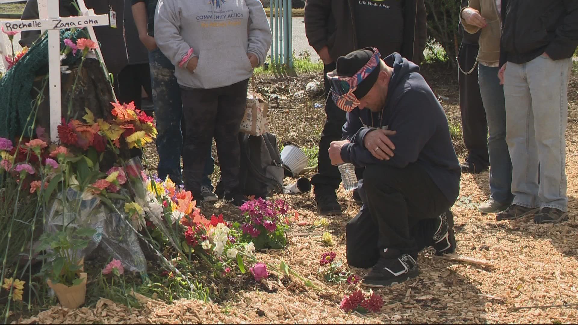 After being scattered by ODOT crews clearing homeless camps around Salem roadways, people who knew the four victims returned to pay their respects.