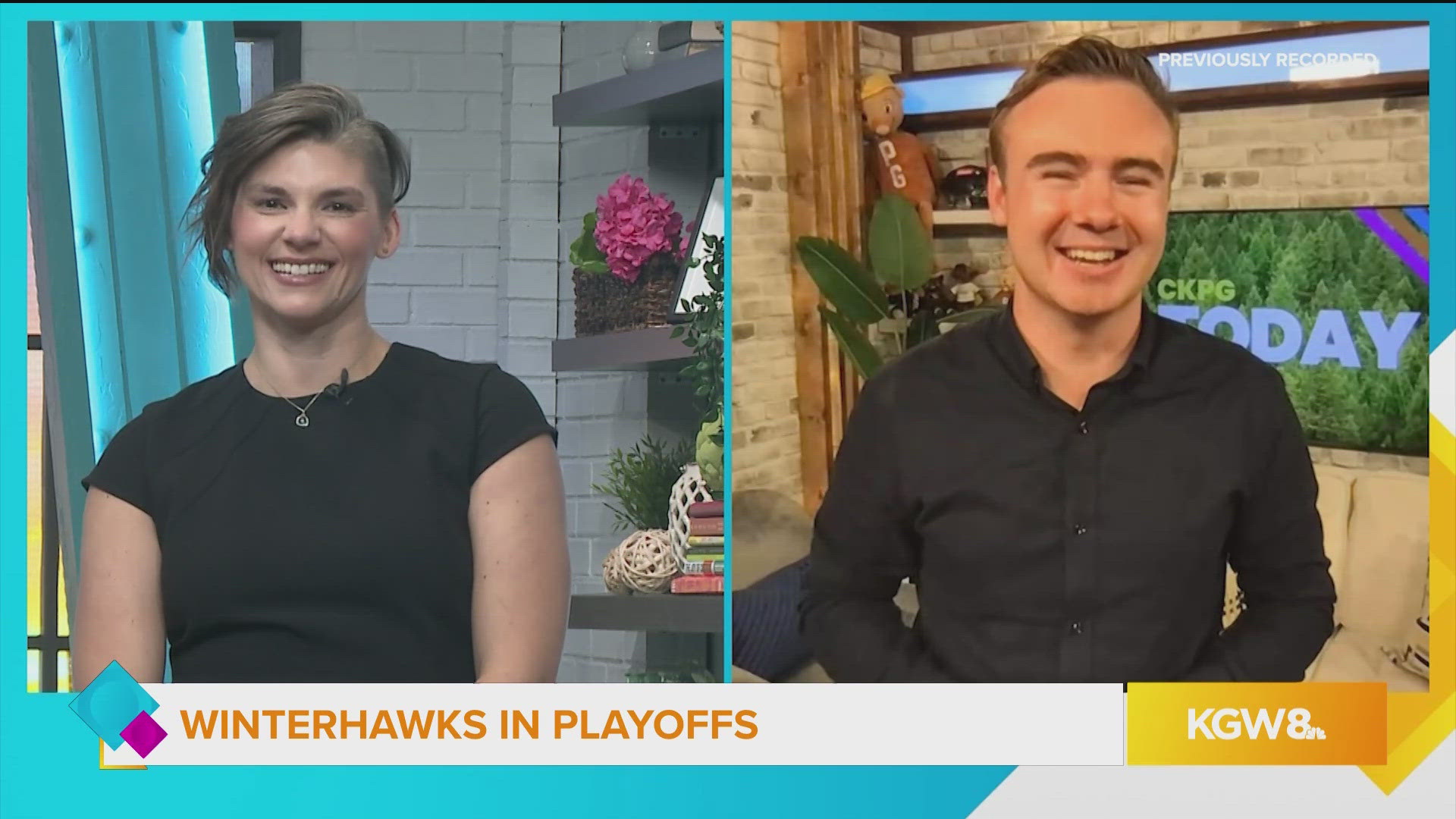 Lacey and Caden Fanshaw, host of CKPG Today in Prince George, British Columbia, make a friendly wager for the WHL Western Conference Playoffs