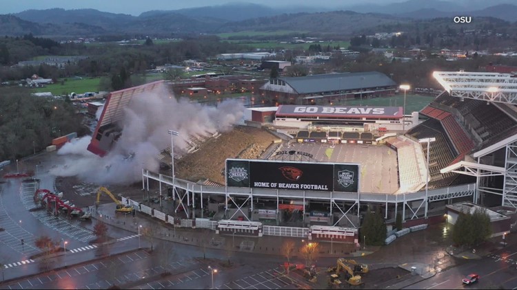 Reser Stadium grandstand comes crashing down to make way for renovations