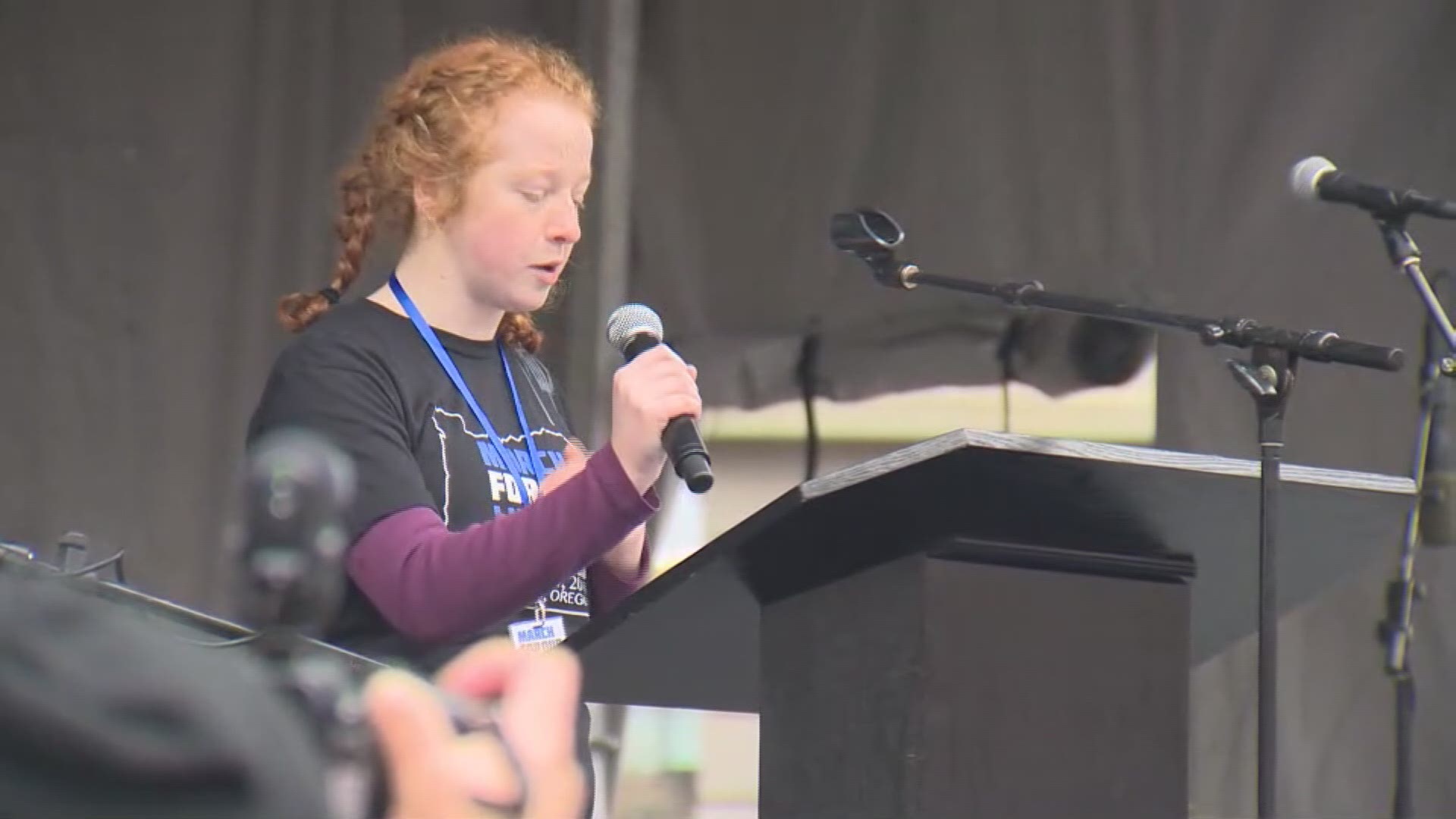 Student organizer Ellie Younger describes nightmares she has of gun violence impacting her life during her speech at Portland's March for Our Lives.