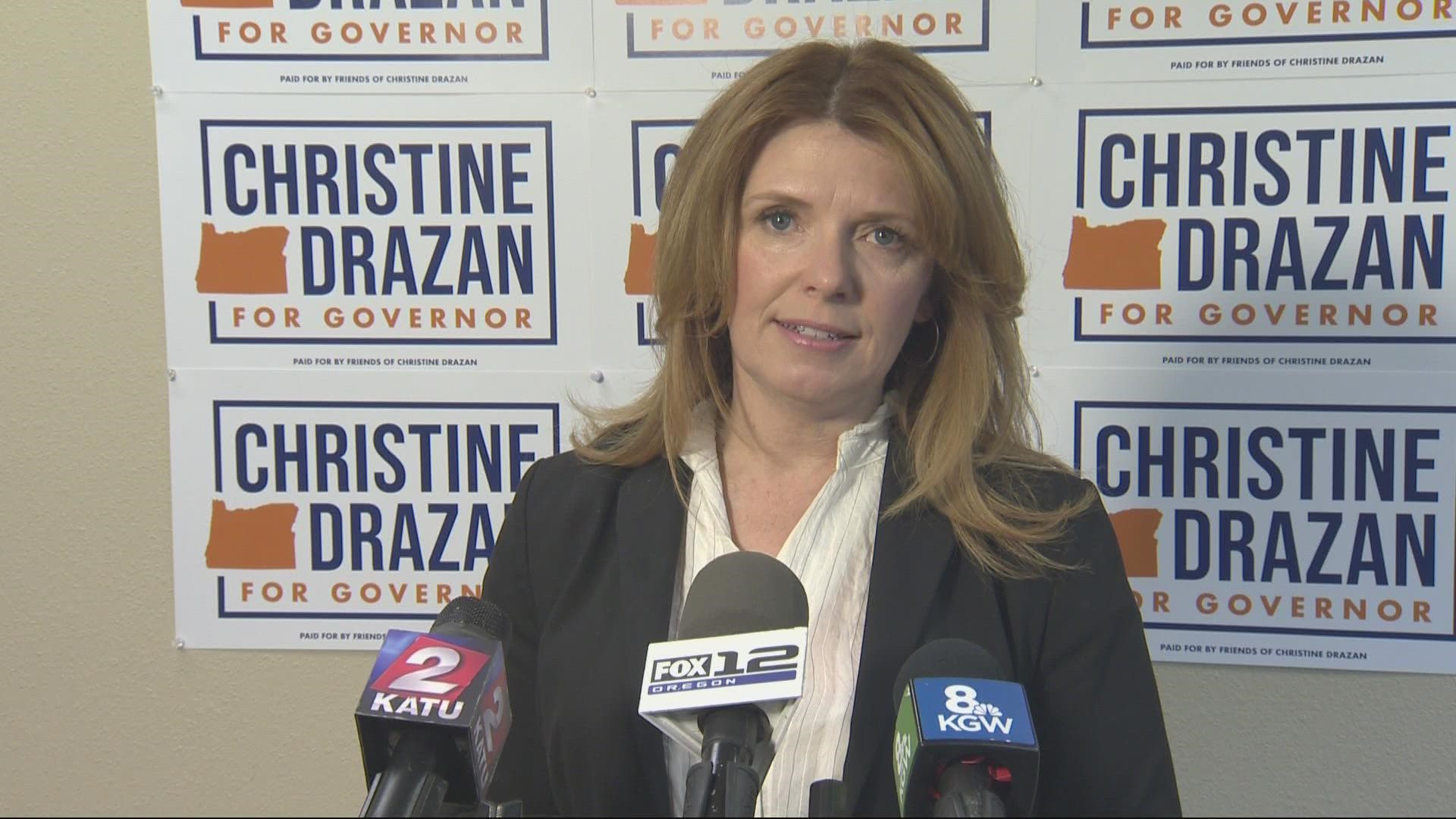 Christine Drazen held a news conference at a small campaign office in Canby Thursday after winning the GOP primary. Here's what she had to say.