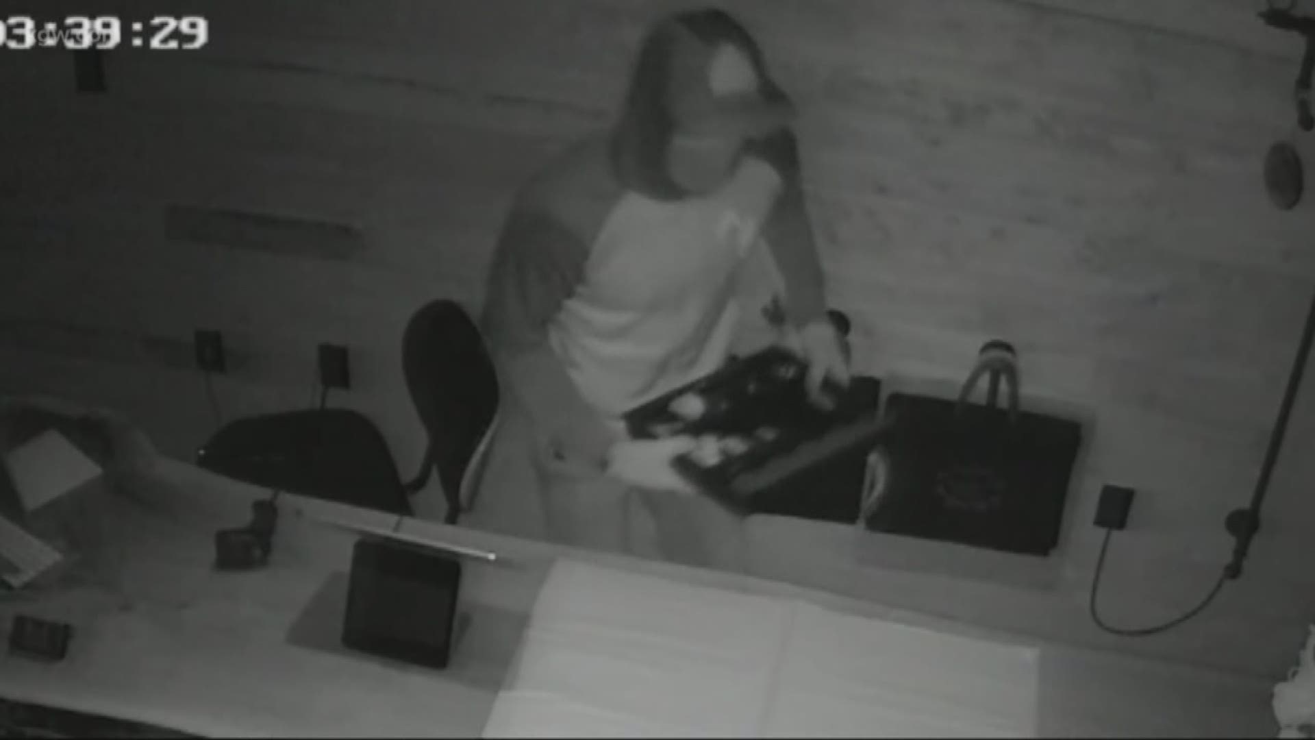 Video surveillance captures crook breaking into a N Mississippi Avenue shop.