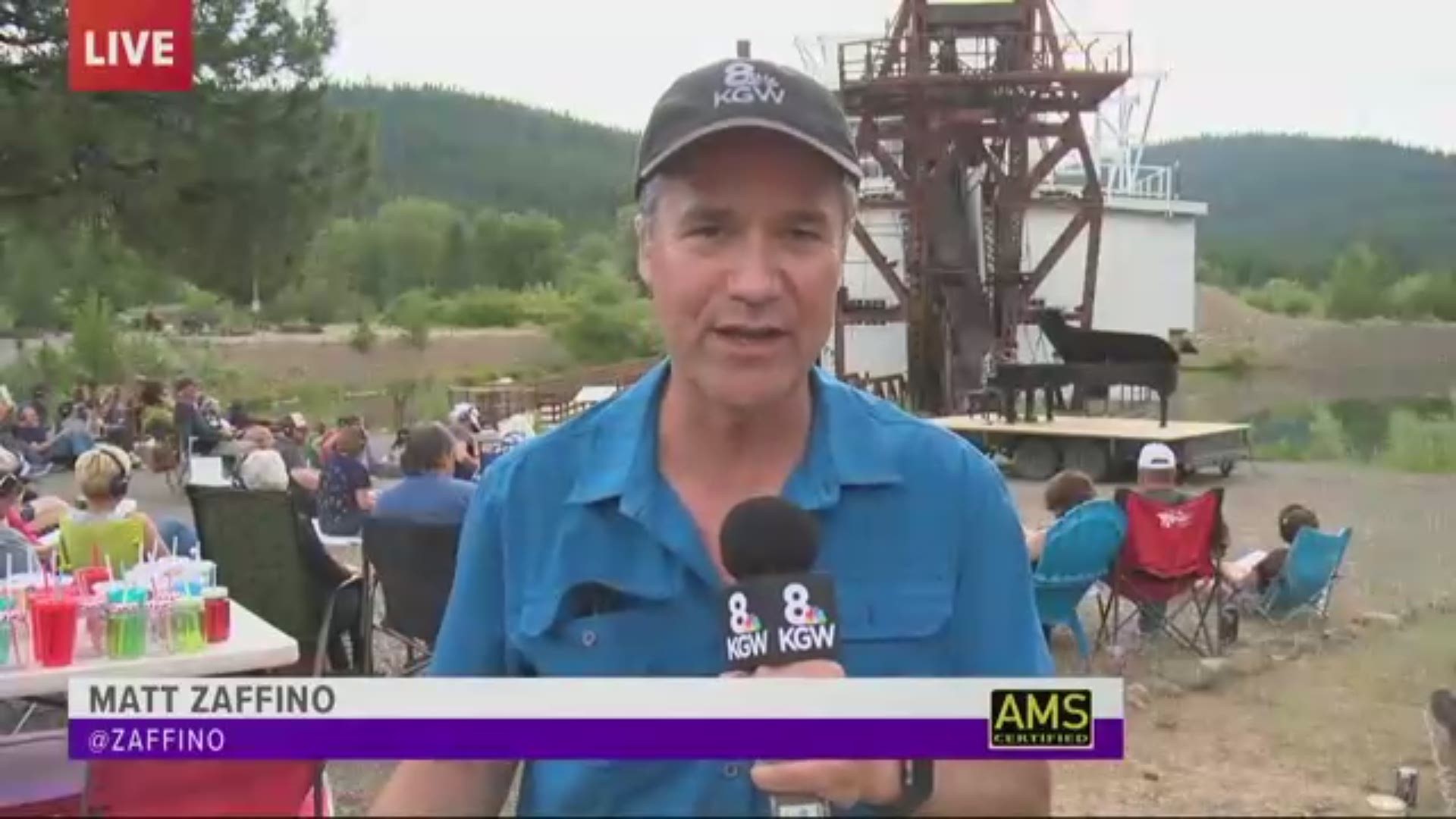 KGW meteorologist Matt Zaffino chats with classical pianist Hunter Noack about his remote grand piano concerts, this one at at the Sumpter Valley Dredge in Eastern Oregon.