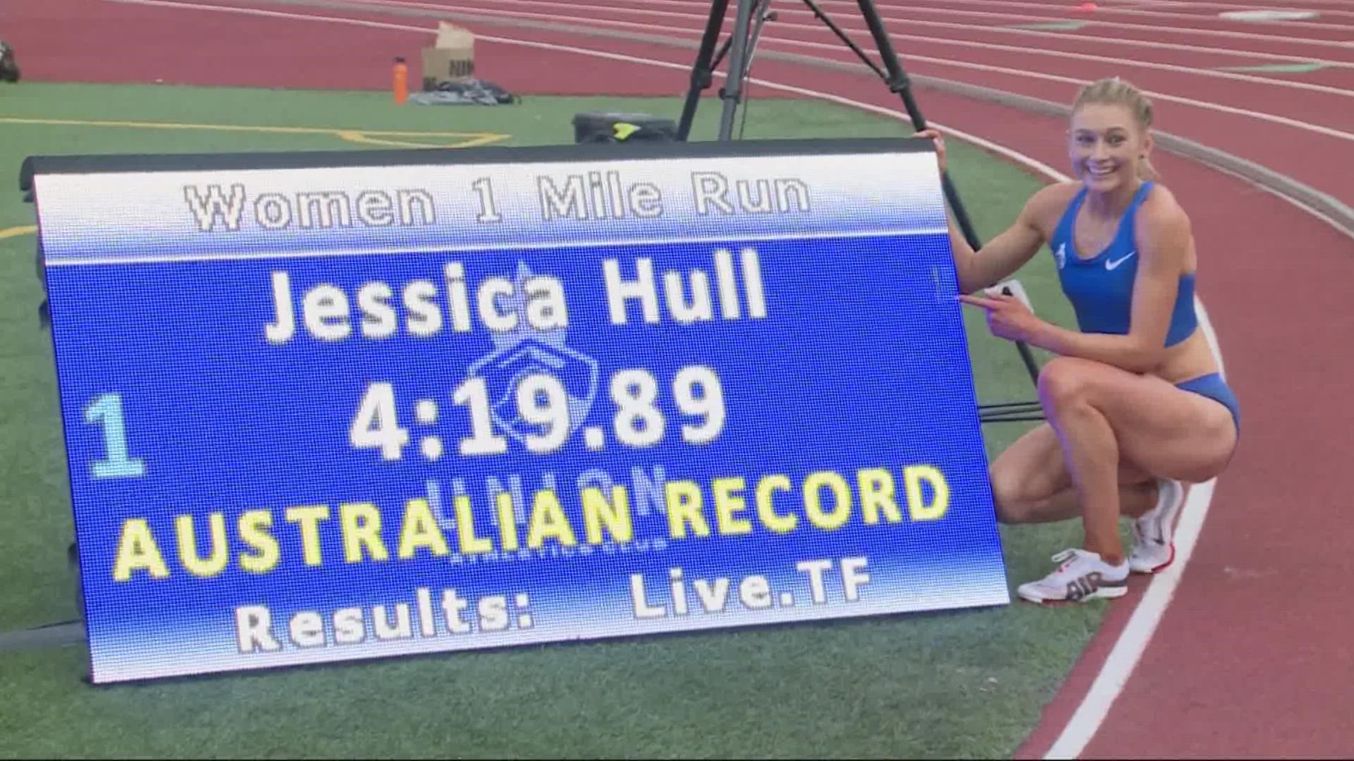 Hull set the Australian women's record in the one-mile race during a meet at Jesuit High School. She now holds seven Australian records.