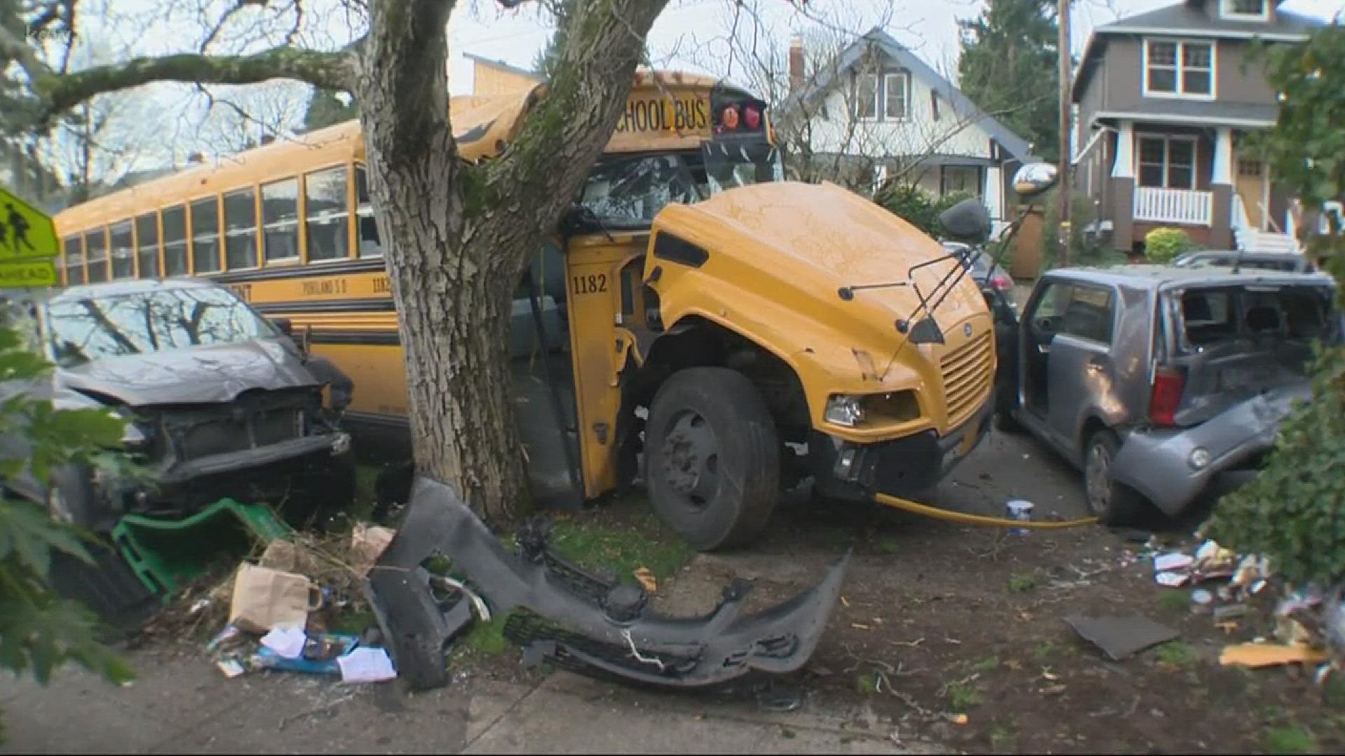 The driver of a school bus carrying 32 grade school students swerved to avoid a cat and hit two parked cars and a tree.
