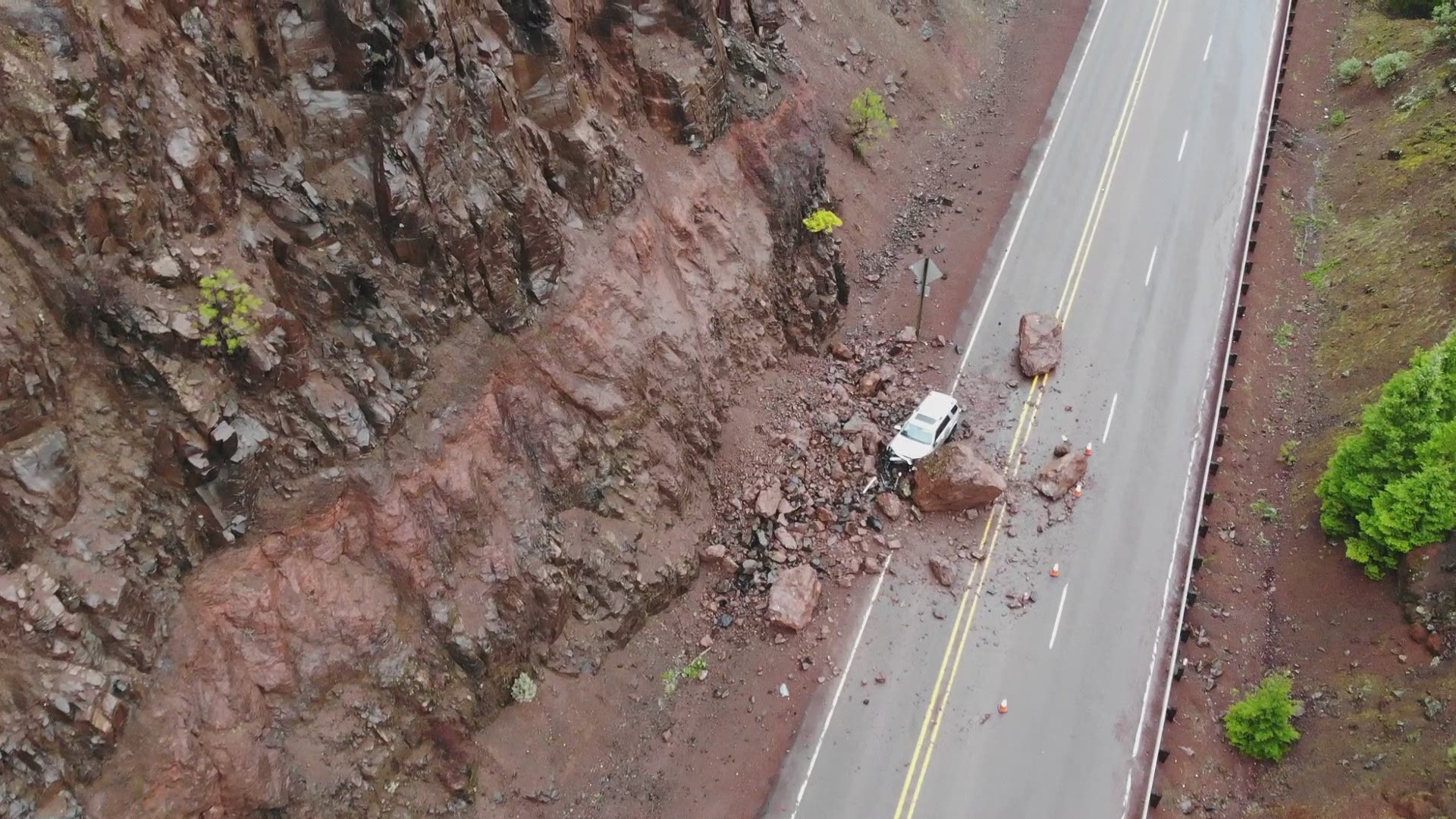 Drone video of a rockslide that happened on Highway 62, near the Southern Oregon town of prospect. The boulders fell on Jan. 28, 2020. One person was hurt.