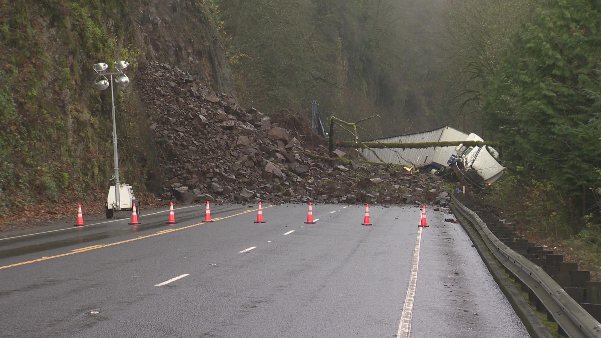 ODOT crews clean-up a landslide on Hwy. 30 about halfway between Astoria and Clatskanie.