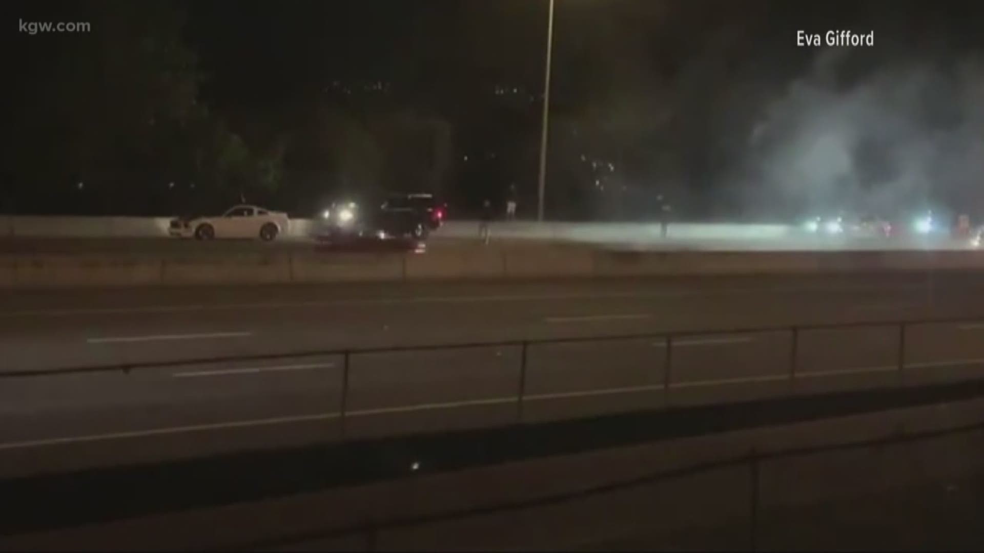 Video obtained by KGW shows a wild scene on Interstate 84 late Sunday night, a bunch of cars doing donuts in the middle of the westbound lanes.