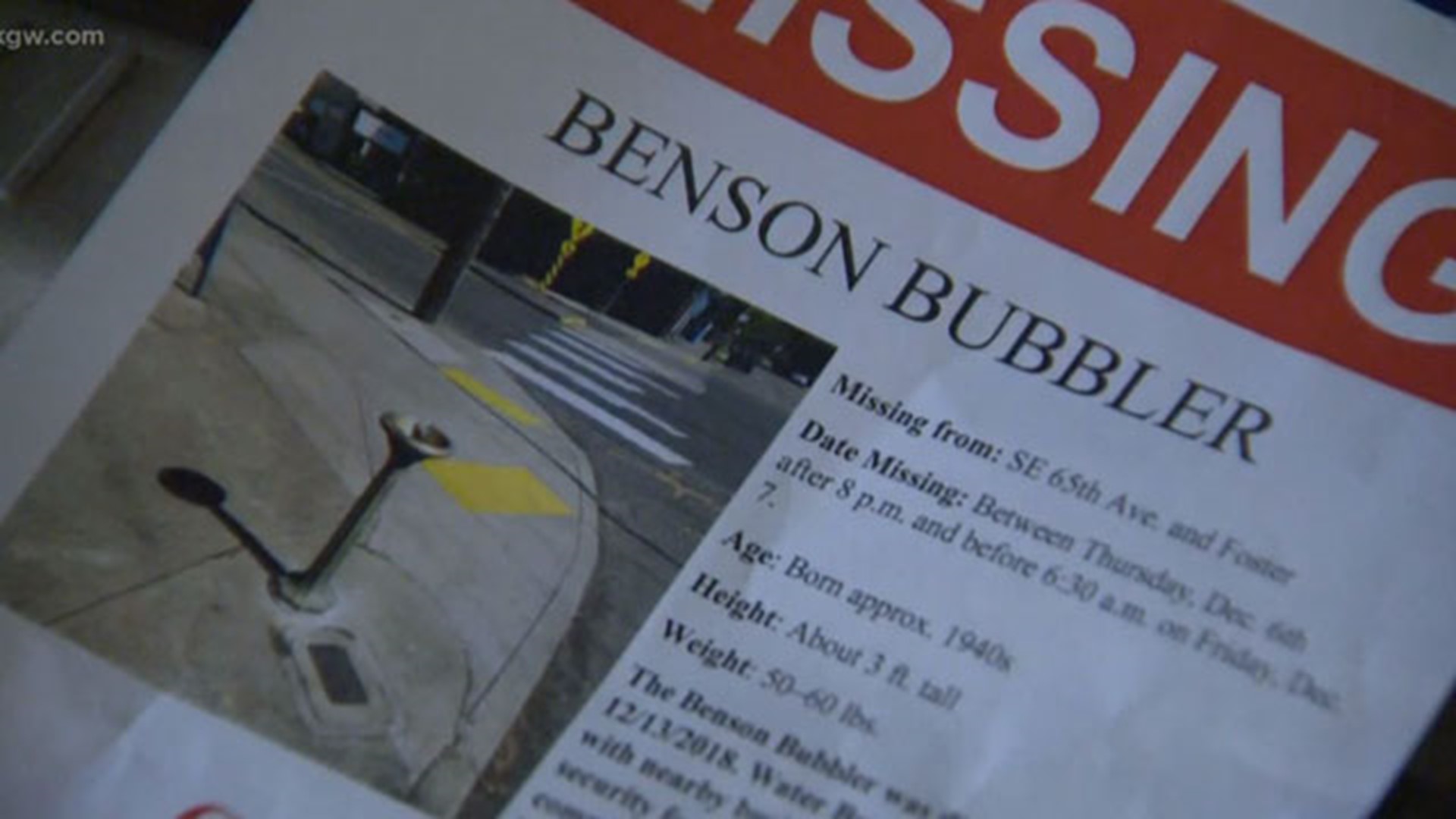 An unusual case involving one of Portland's iconic Benson Bubblers being stolen right out of the ground.  Portland Water Bureau employees hope they are able to track it down.
