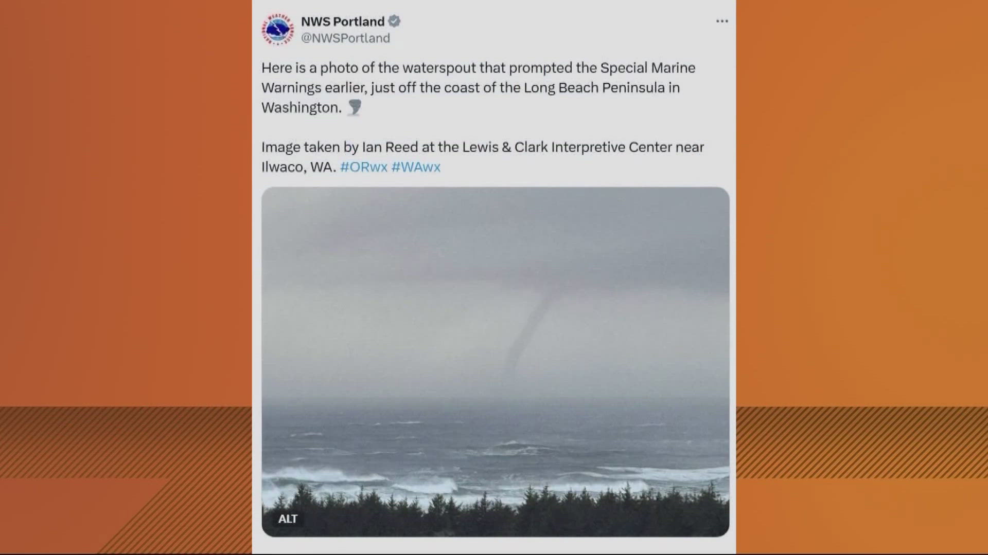 A waterspout was spotted off the Washington coast Wednesday afternoon. It even caused a tornado warning.