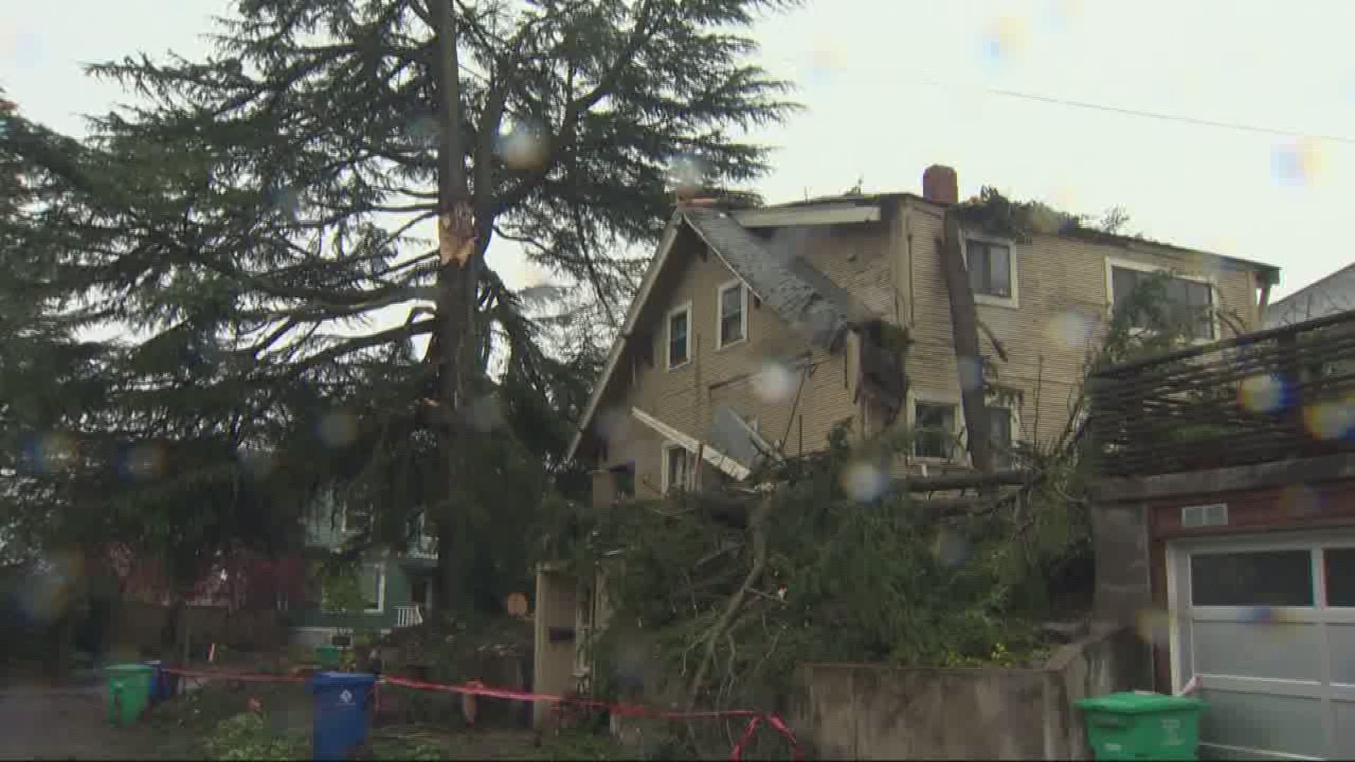 Strong winds knock down part of a tree on a Southeast Portland home