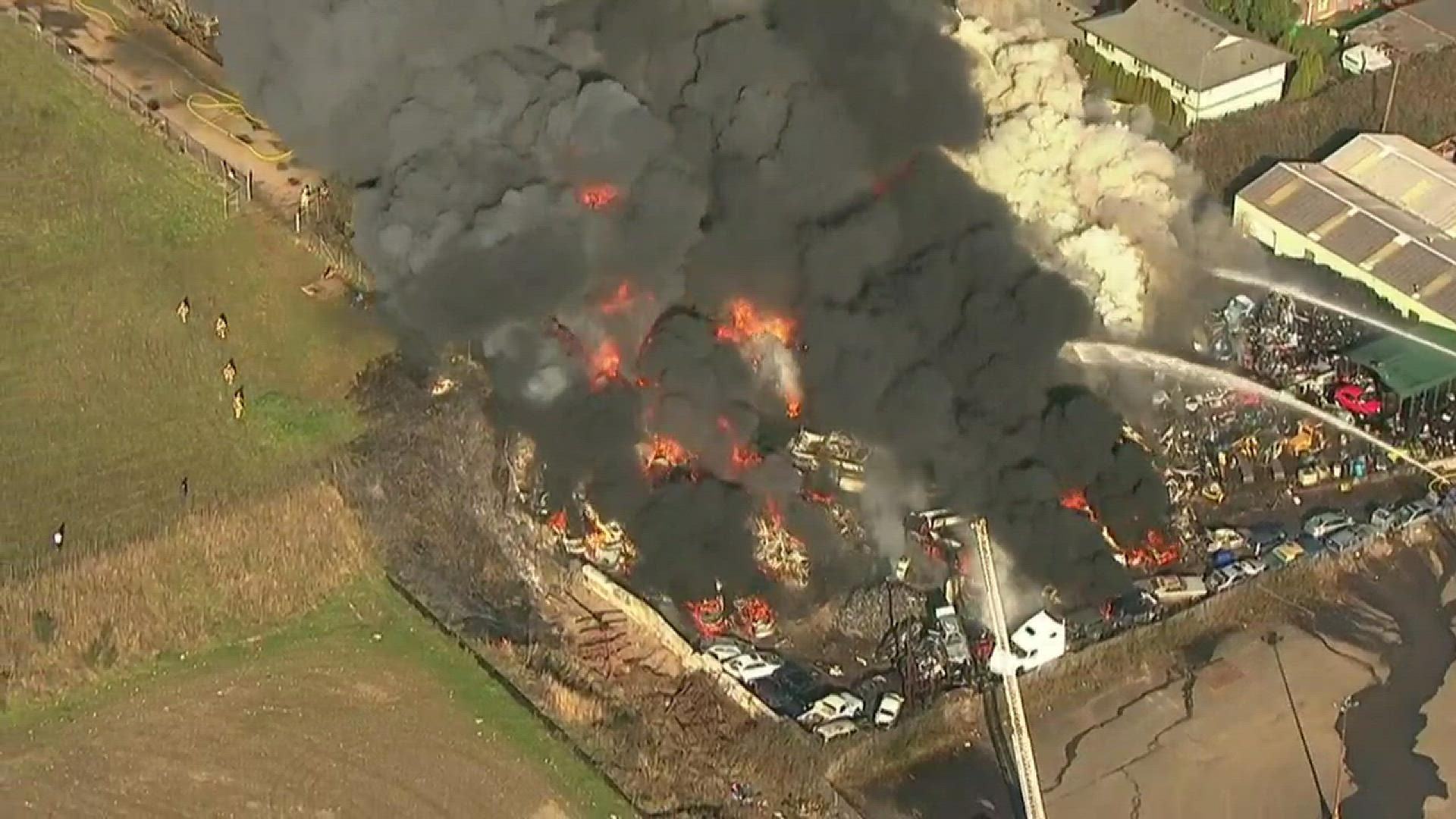 Sky8 flies over a large fire burning at 75th and Killingsworth in Northeast Portland.