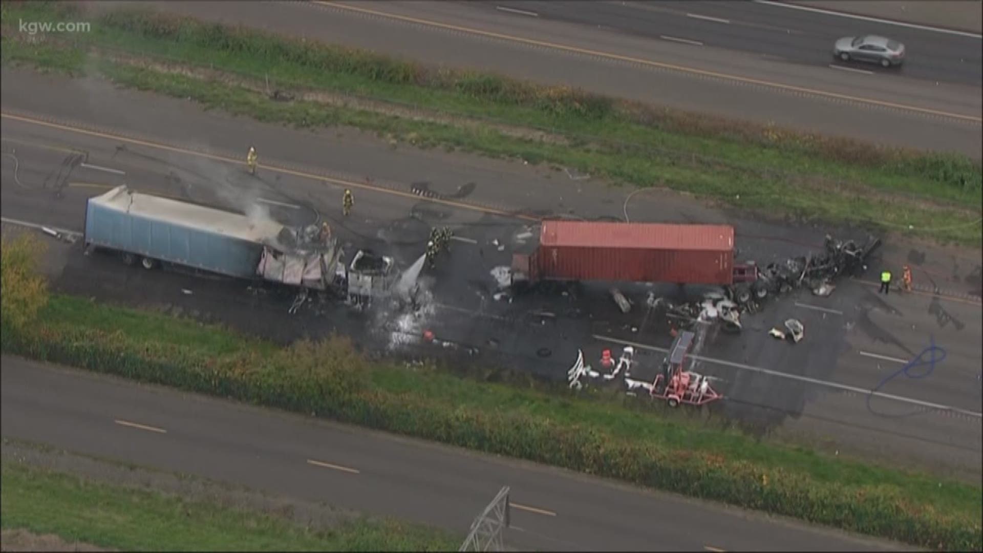 Two semi-trucks crashed near Woodburn and were consumed by flames.