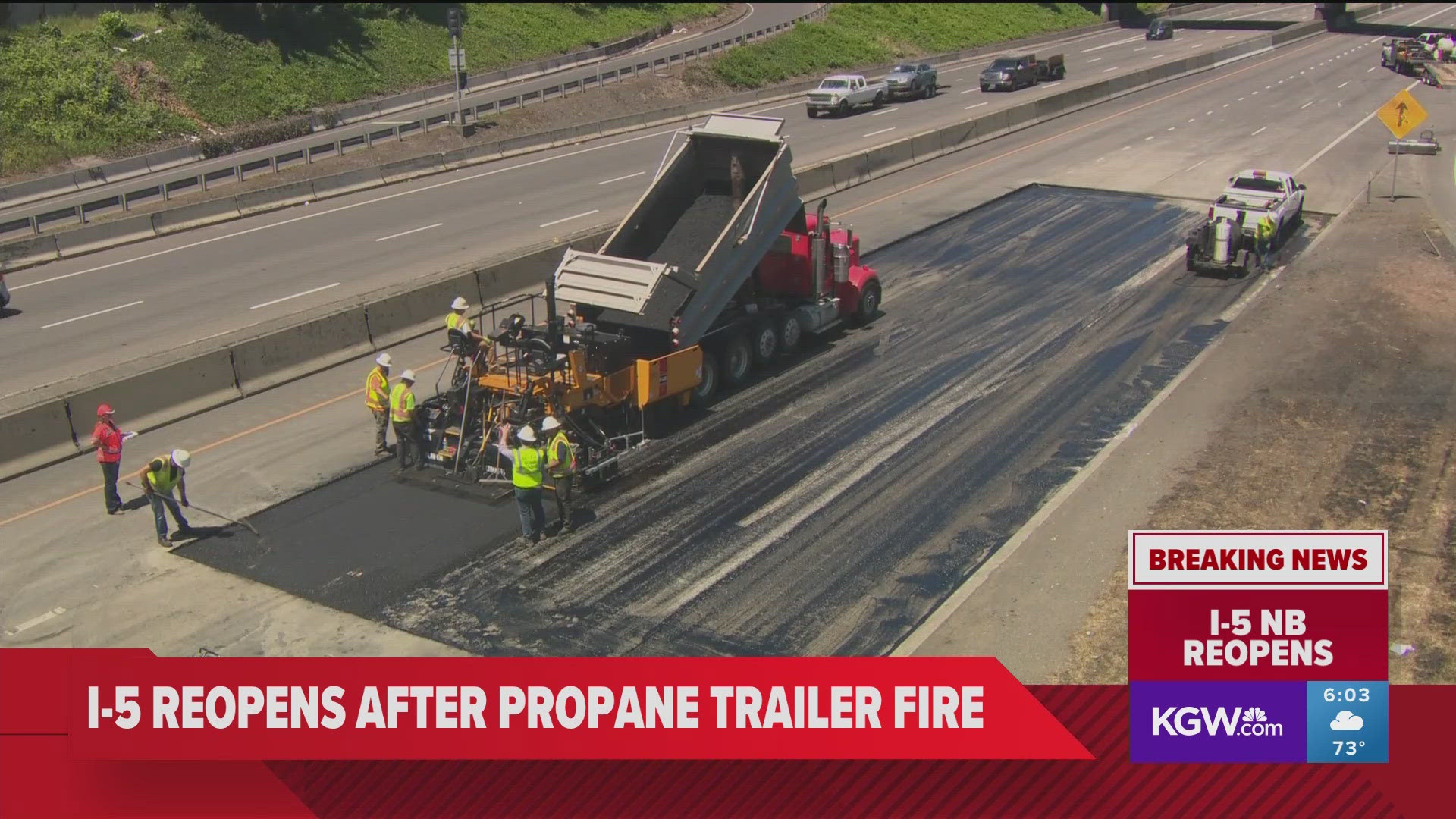 All northbound I-5 lanes in Portland were closed for most of Tuesday after a trailer carrying around 120 propane tanks caught on fire.