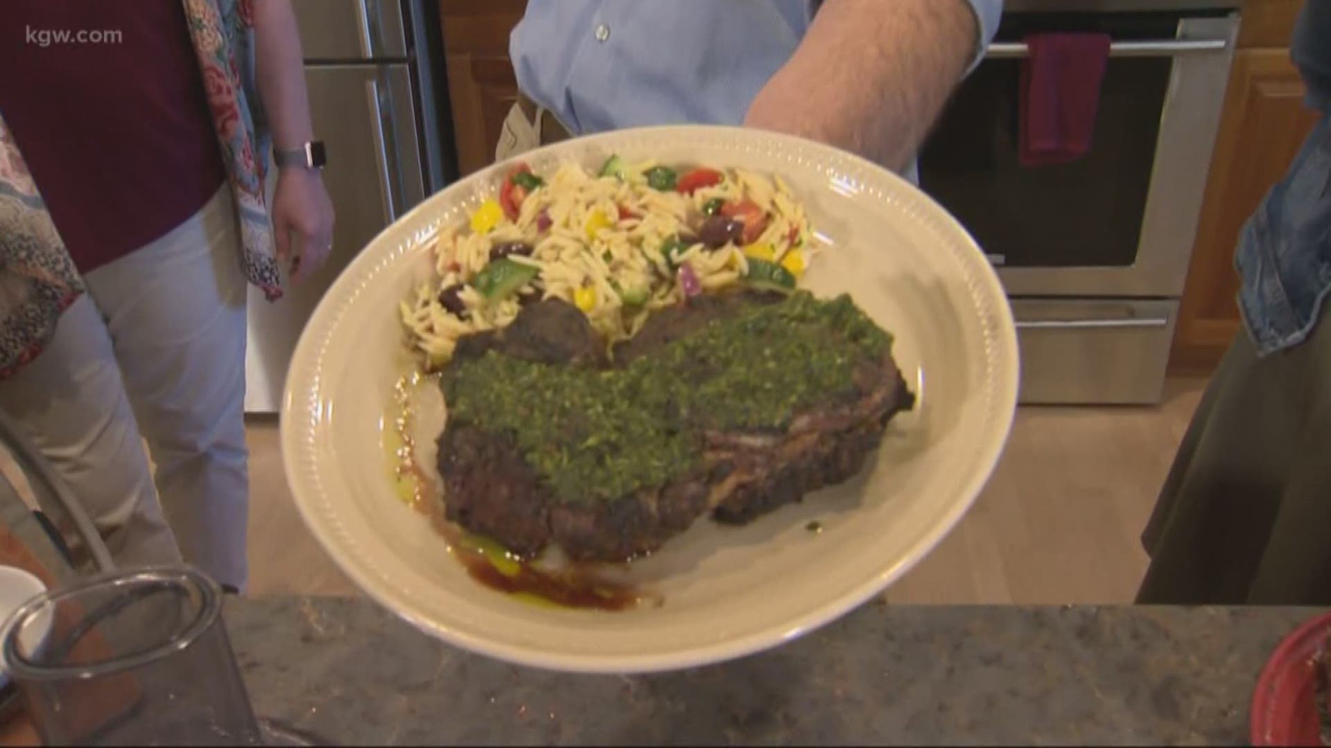 KGW Sunrise viewers mom Karen and daughter Kelsey made rib-eye steaks with chimichurri sauce, plus a pasta salad.