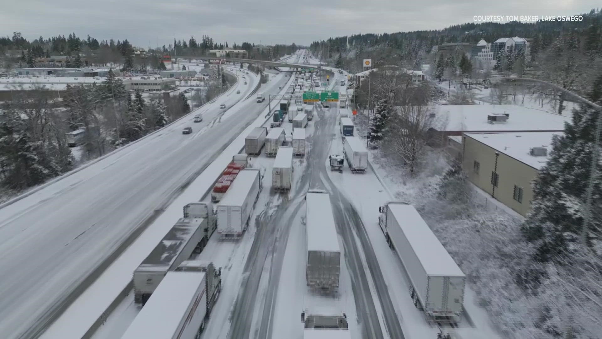 Drone video shows the mess that I-5 northbound was near the 217 interchange in Portland Thursday morning. A winter storm brought record snow to the area.