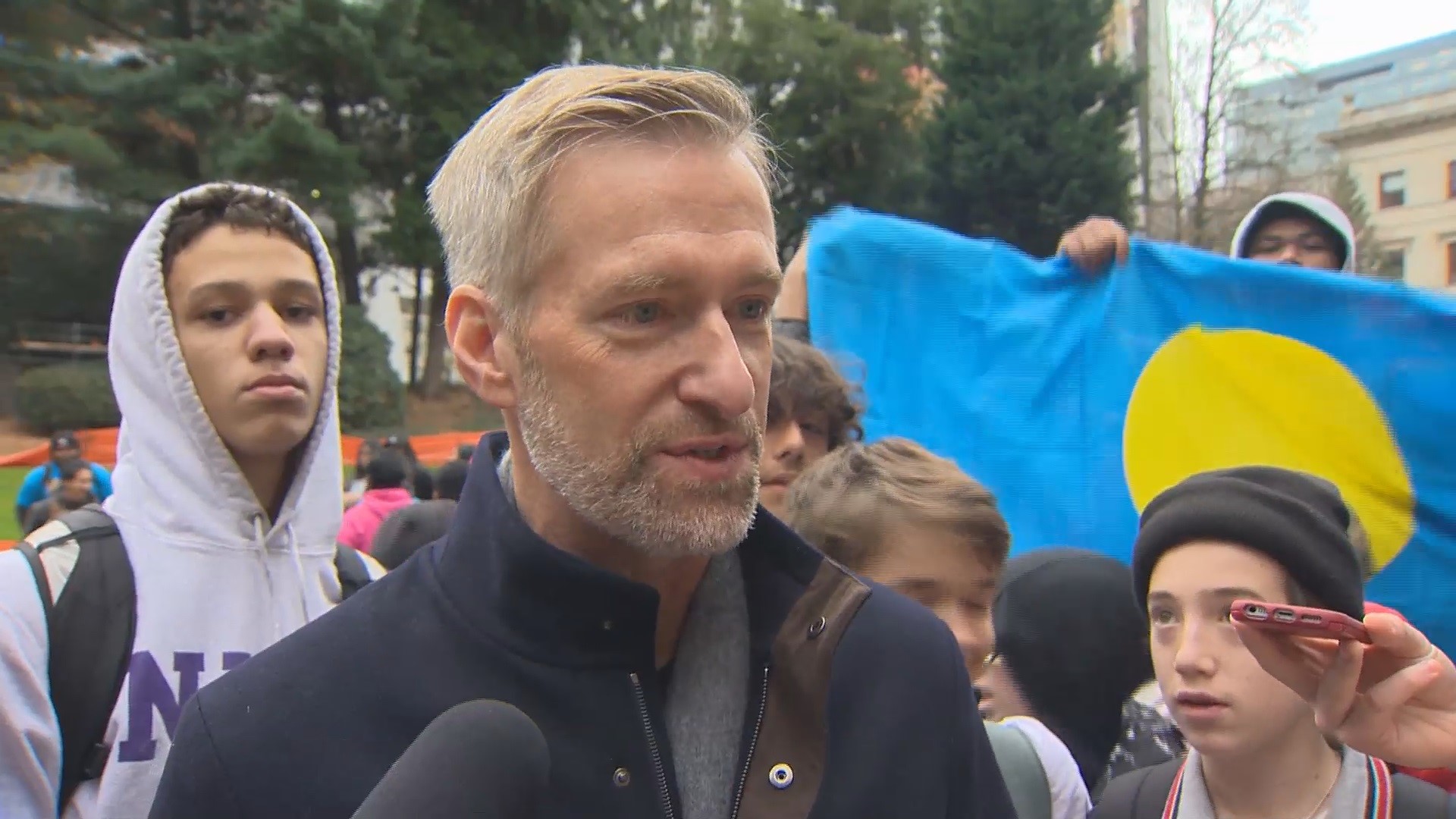 Portland Mayor Ted Wheeler reacts to students' demands during the Global Climate Strike on December 6, 2019.  Wheeler said he embraces the urgency for climate action