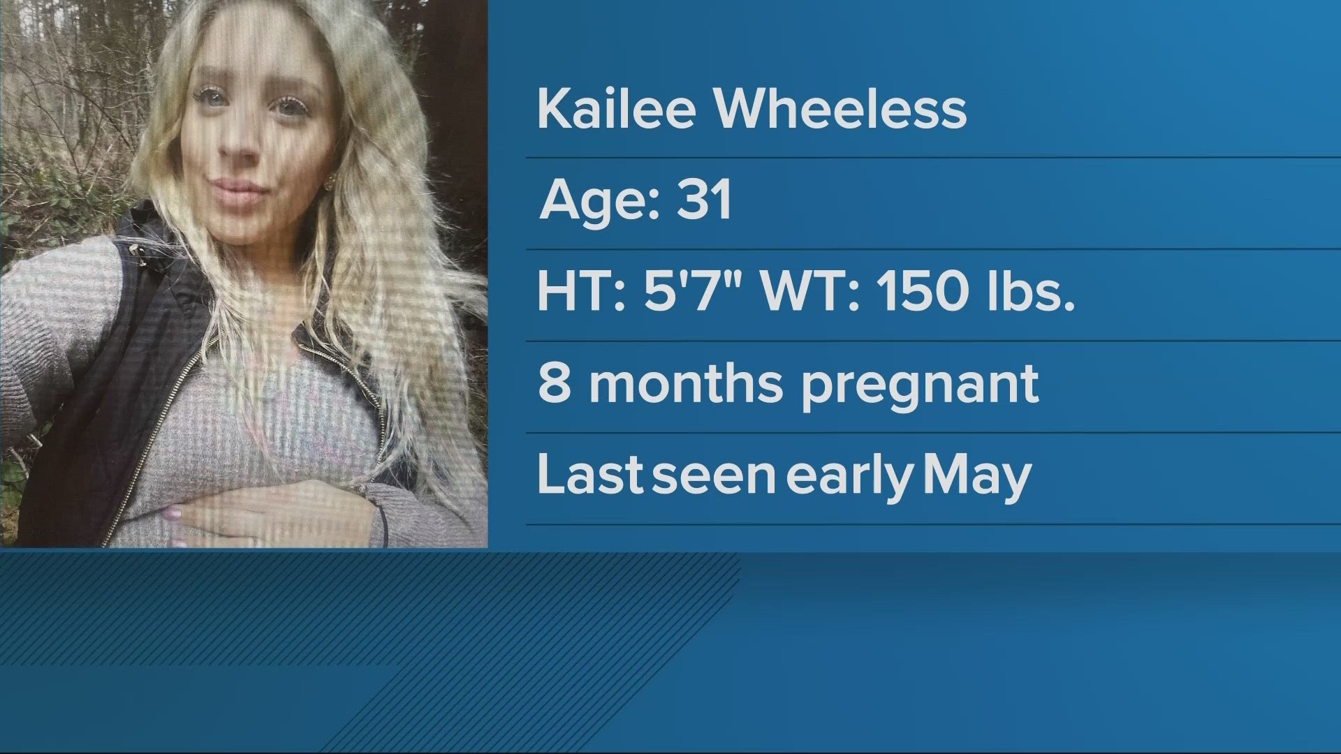 Kailee Wheeless, 31 is believed to be eight months pregnant and houseless. She could be suffering from medical complications dangerous to her and the unborn child.