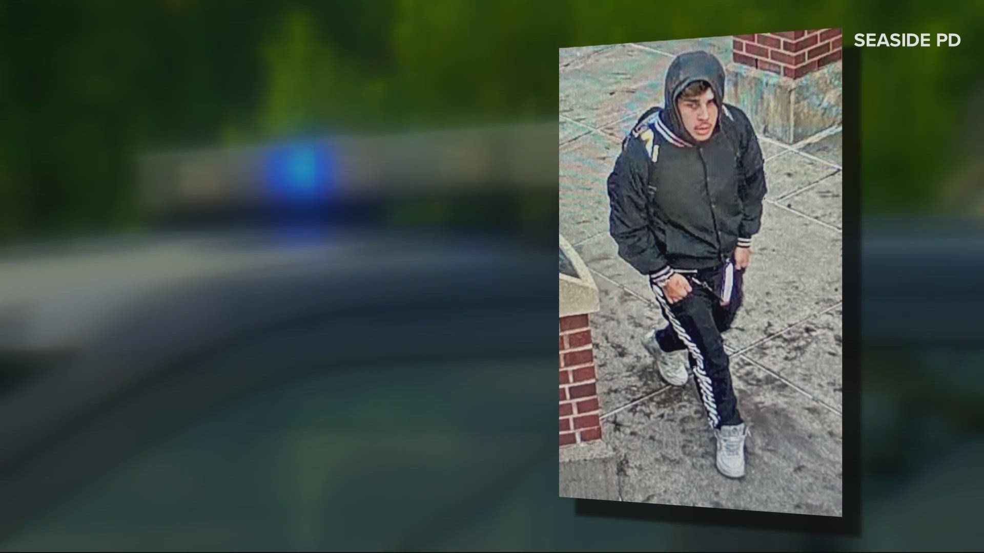 The suspect, 18, is accused of attacking someone and stealing their vehicle in Seaside early Friday morning. The victim is hospitalized in critical condition.