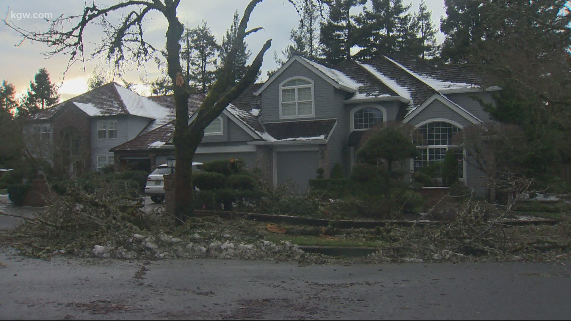 A West Linn neighborhood is covered with trees that fell down during the storm. Residents also haven't had power since Thursday.