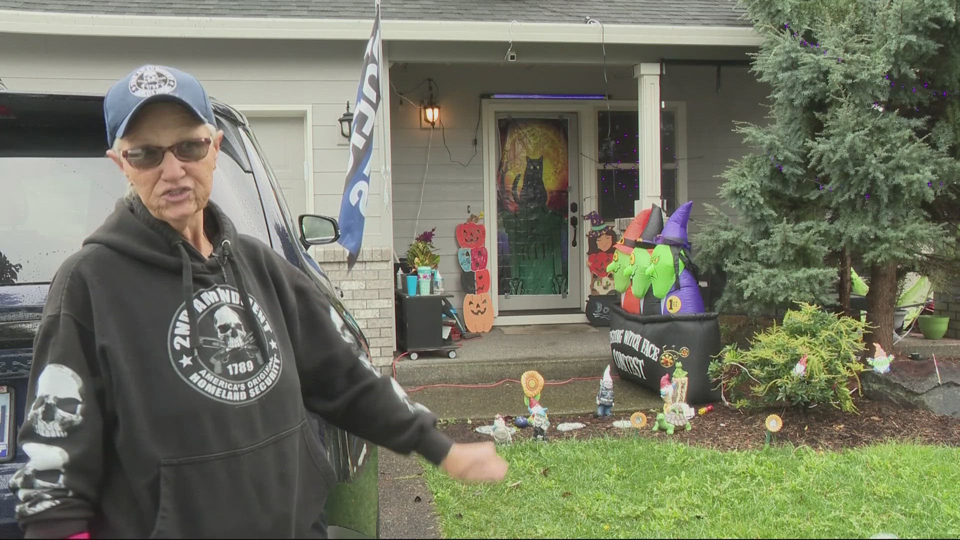 Sophie Dusash couldn't believe what she was seeing on her home surveillance video after two men vandalized Halloween decorations throughout her neighborhood.