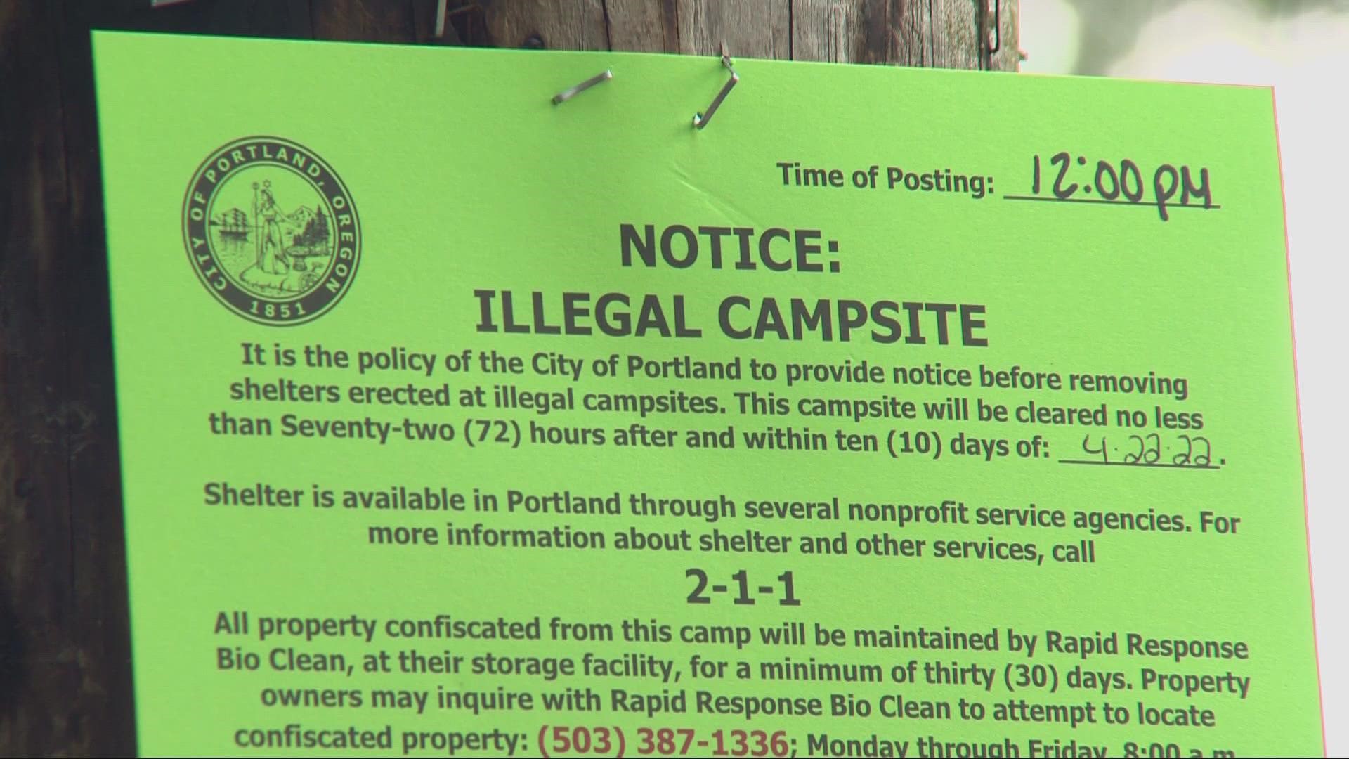 The city of Portland is aware of the new camps and began warning campers Friday another sweep would happen in 72 hours.