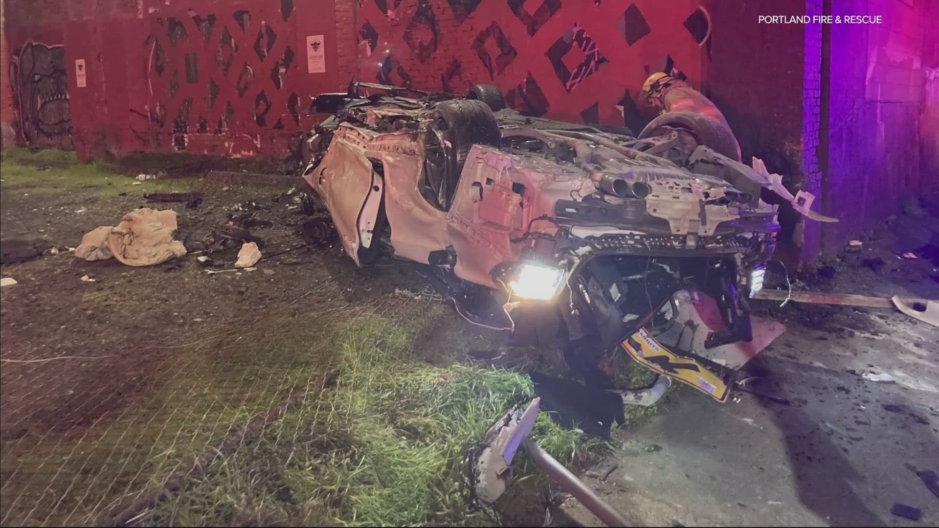 A man suffered only minor injuries after driving off the Interstate 5 south and falling 80 feet into the side of a building early Saturday morning.