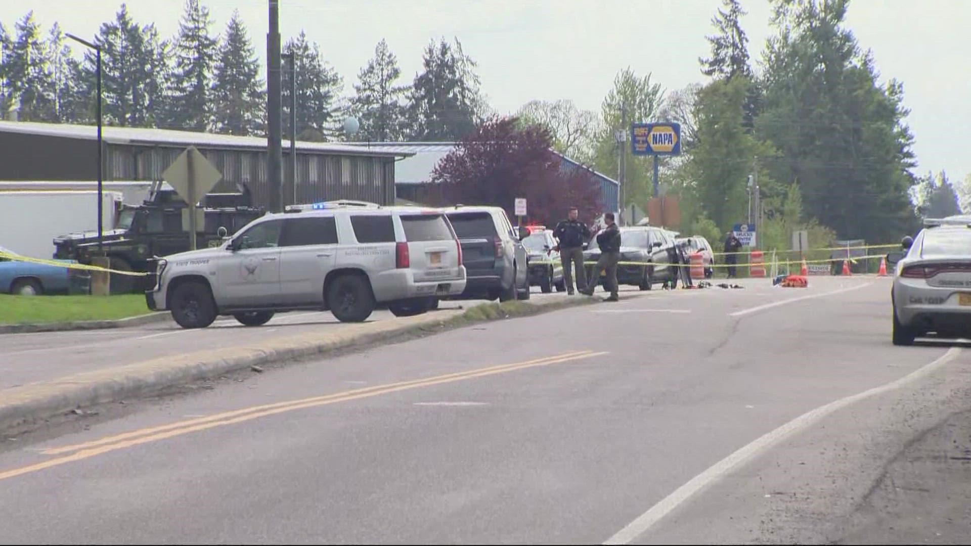 The Marion County Sheriff's Office said that SWAT had been called in after a fugitive was spotted outside of the Flying J truck stop south of Wilsonville.
