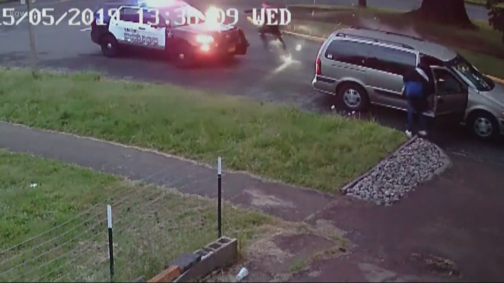 A home security cam captured a man shooting at a Salem police officer. A suspect was arrested about 12 hours later near the site of the shooting.