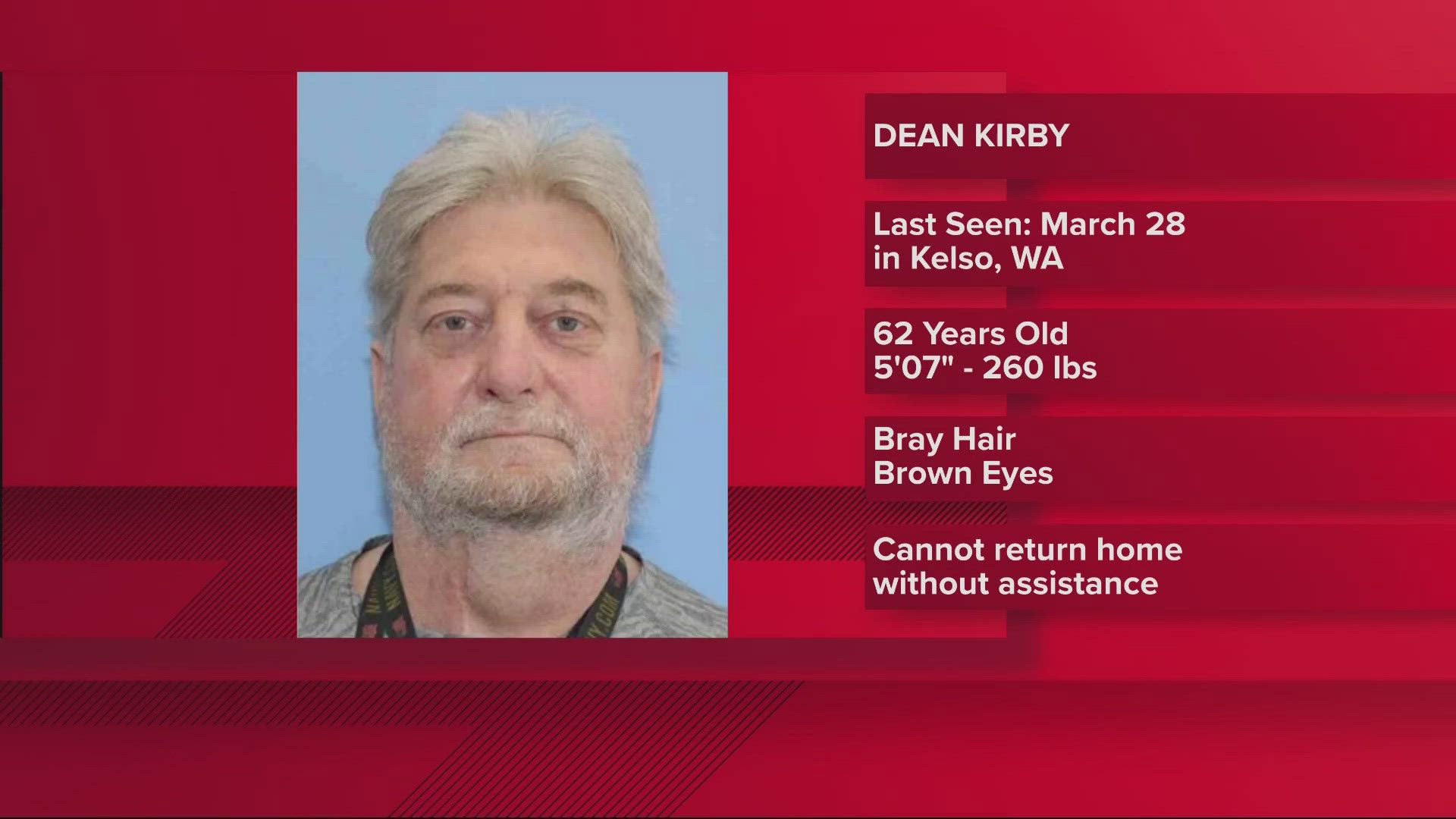 Dean Kirby was last seen near S 5th Avenue in Kelo, Washington in the early morning of March 28.