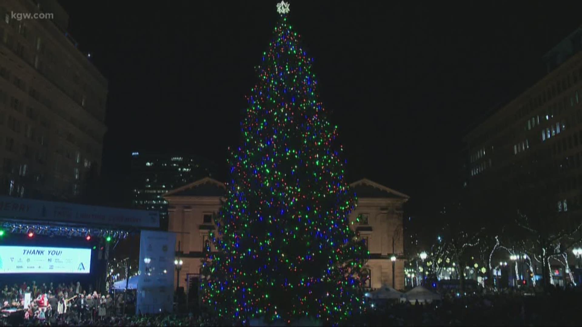 Portland celebrates the 35th annual tree lighting in Pioneer Square.
