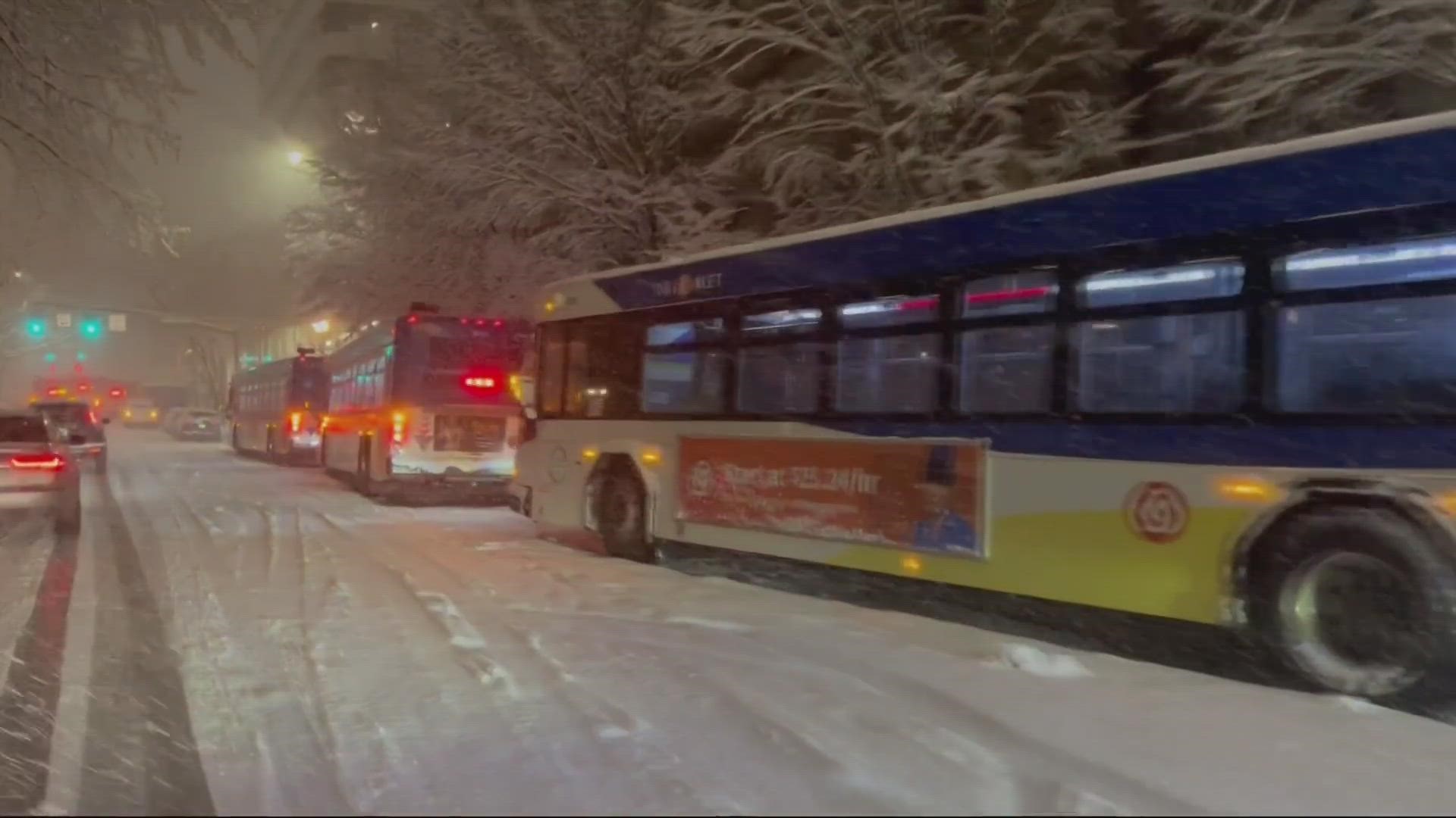 More than 100 buses got stuck on the roads in Portland since snow began falling Wednesday, TriMet said.