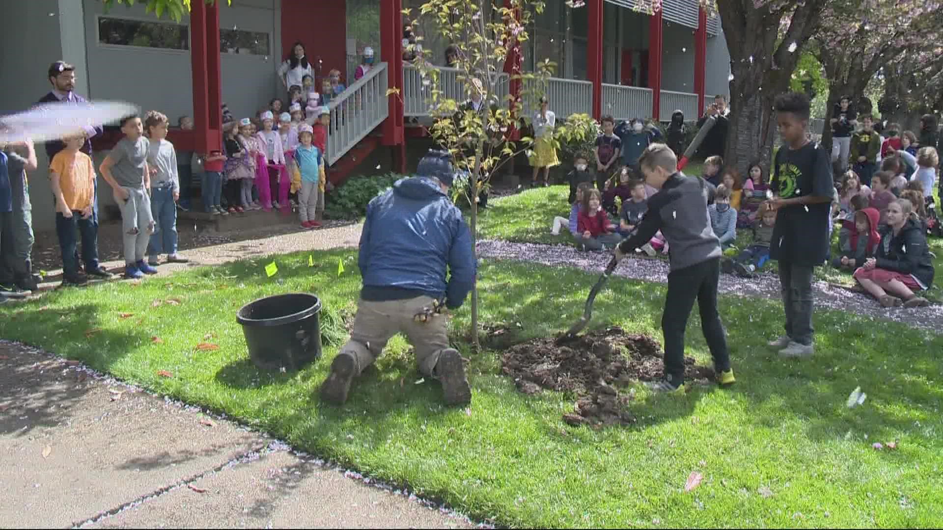 To celebrate Arbor Day, students at Tucker Maxon school in Portland planted not just a new tree but also the seeds for lessons of inclusivity.