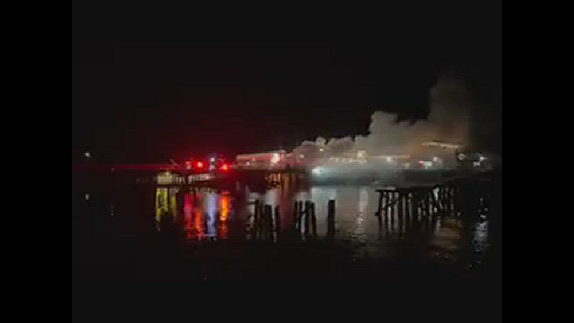 Video of a fire at Pier 39 in Astoria, Oregon on Thursday, June 8, 2023.