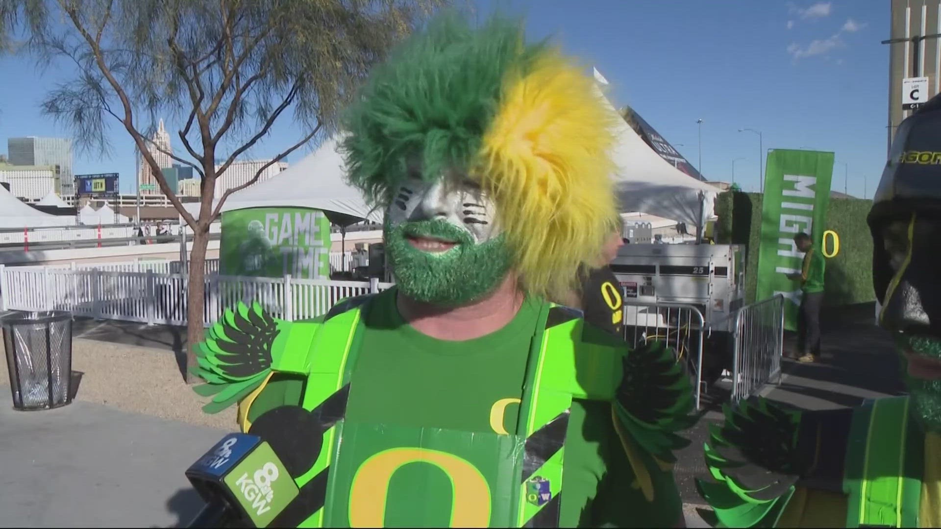 Outside of Allegiant Stadium in Vegas, Oregon Ducks fans are gearing up for the game with the Washington Huskies.