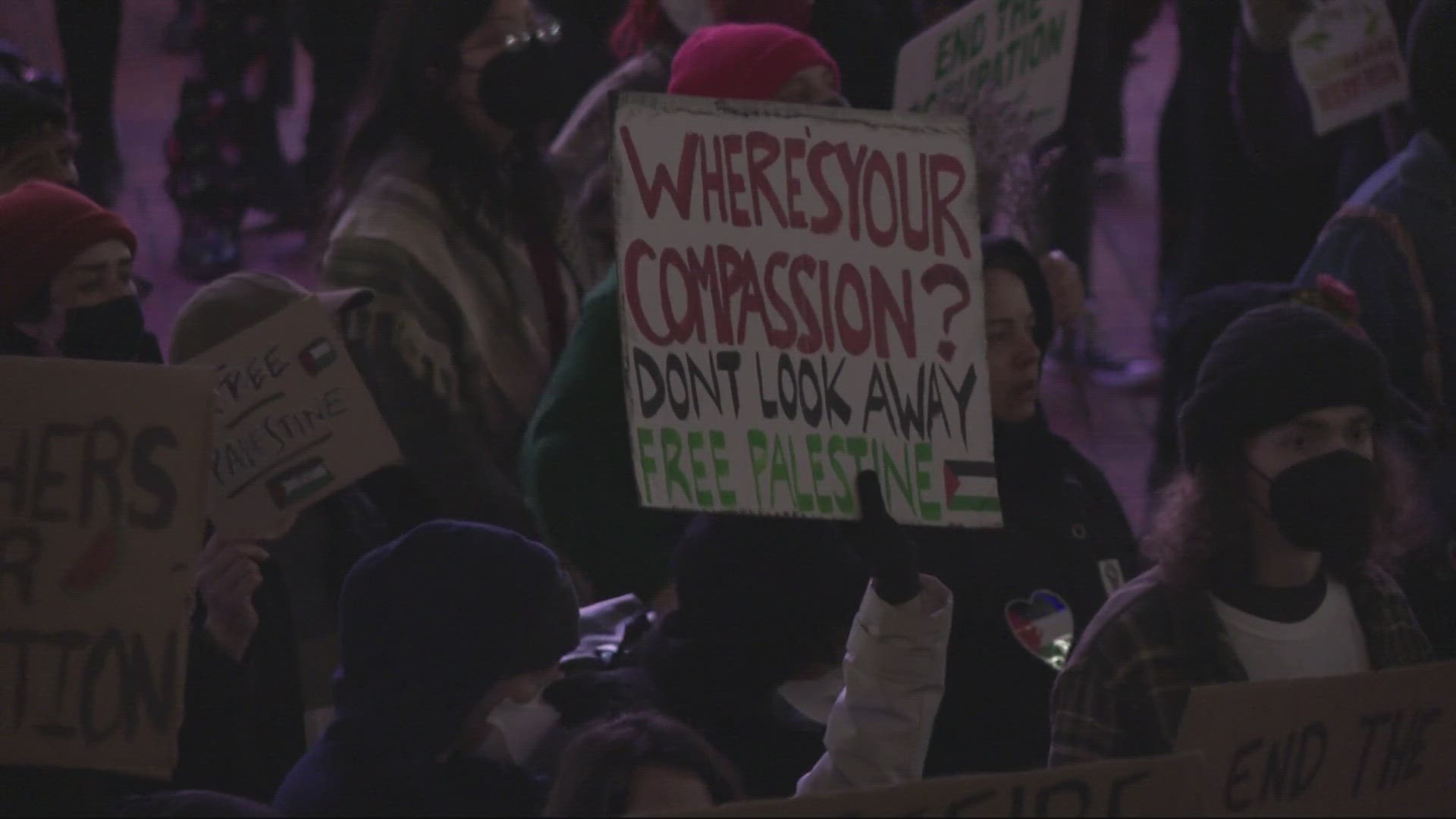 Pioneer Courthouse Square had many calling out "Free Palestine!" and for a ceasefire.