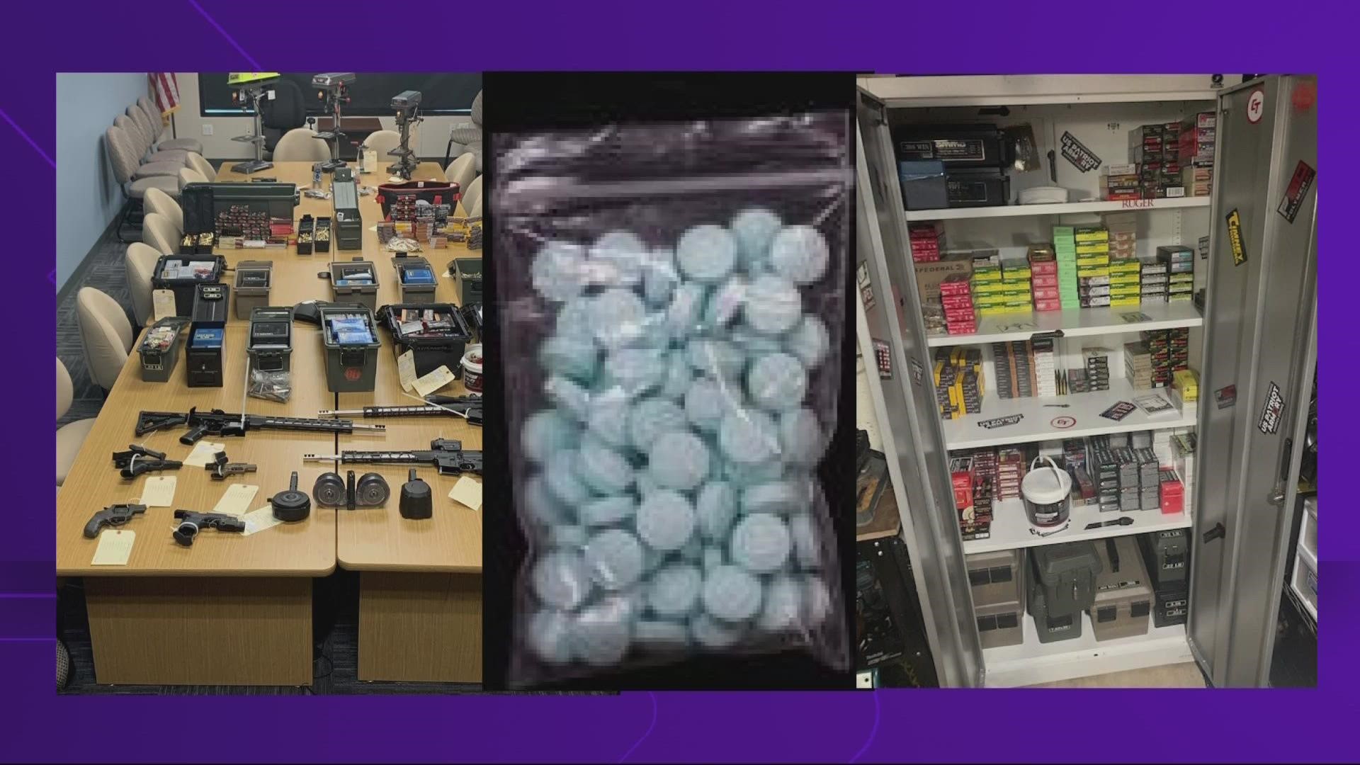 The guns were all connected to a single person. Agents also found about 200 counterfeit oxycontin pills believed to be manufactured with fentanyl.