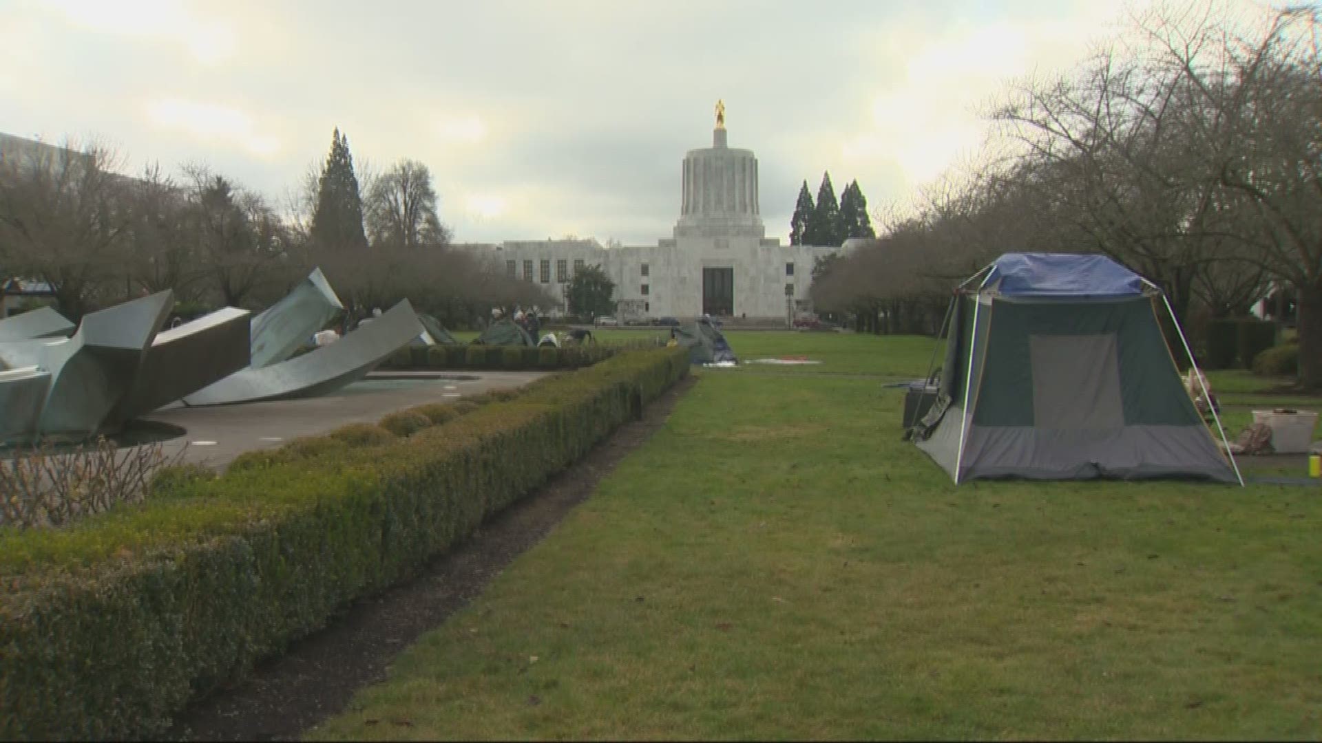 Dozens of homeless people set up camp near the Salem Capitol Mall.