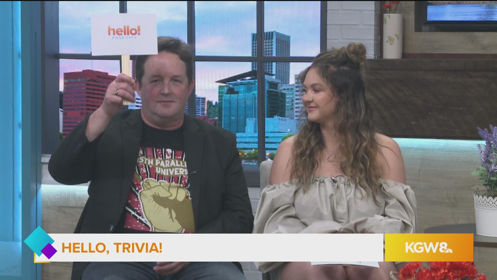 Guests Ron Blessinger and Emily Greene have fun with host Lacey Evans on Hello, Trivia!