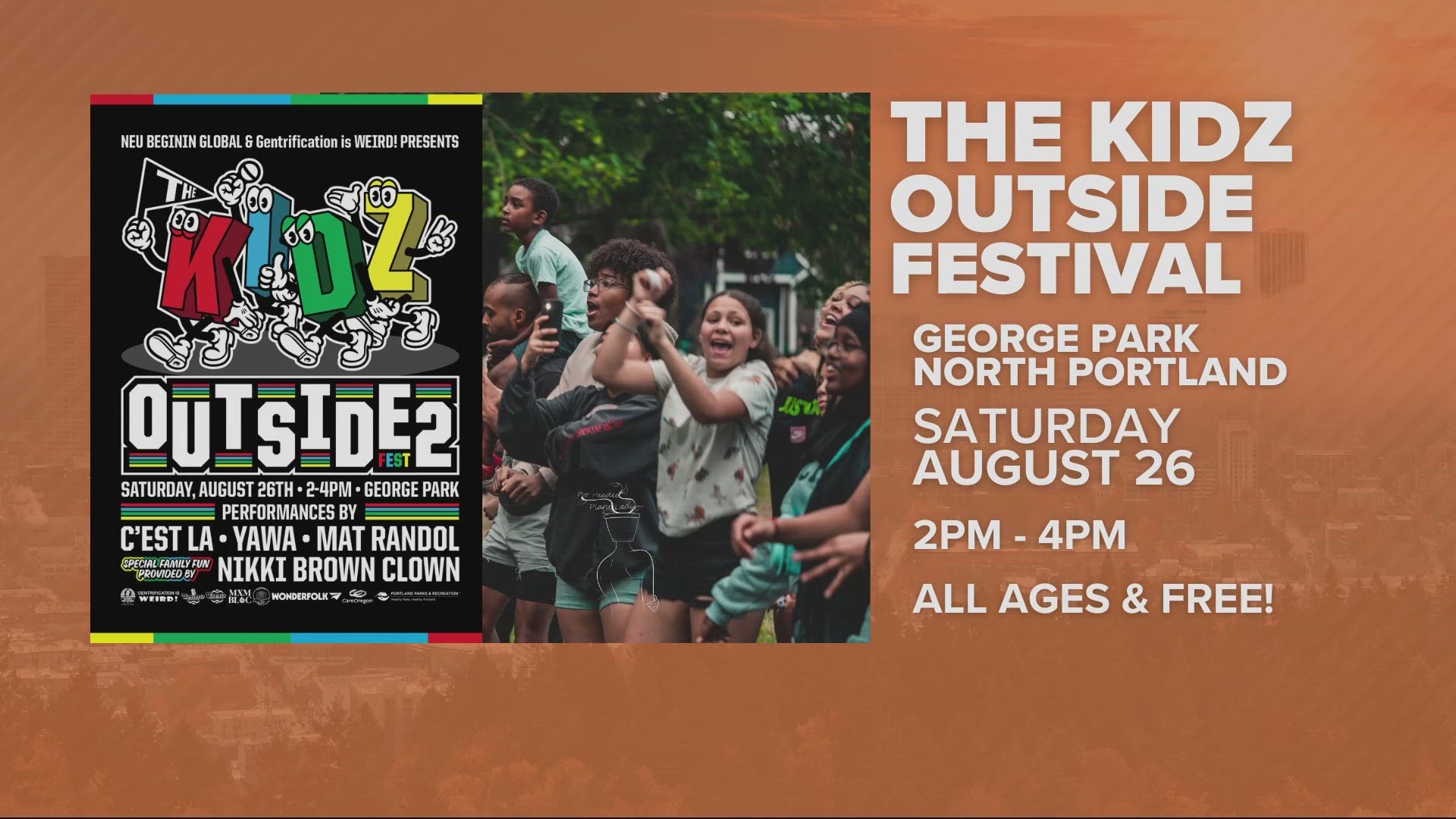 The Kidz Outside returns to George Park for a second year, bringing music, performances and fun to unite the community. There will be a backpack giveaway for youth.