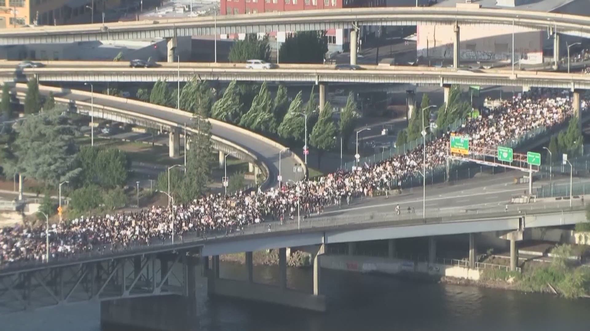 Thousands of protesters crossed the Morrison Bridge on Day 6 of demonstrations against police brutality. Here's a time lapse of the view from our downtown sky cam.