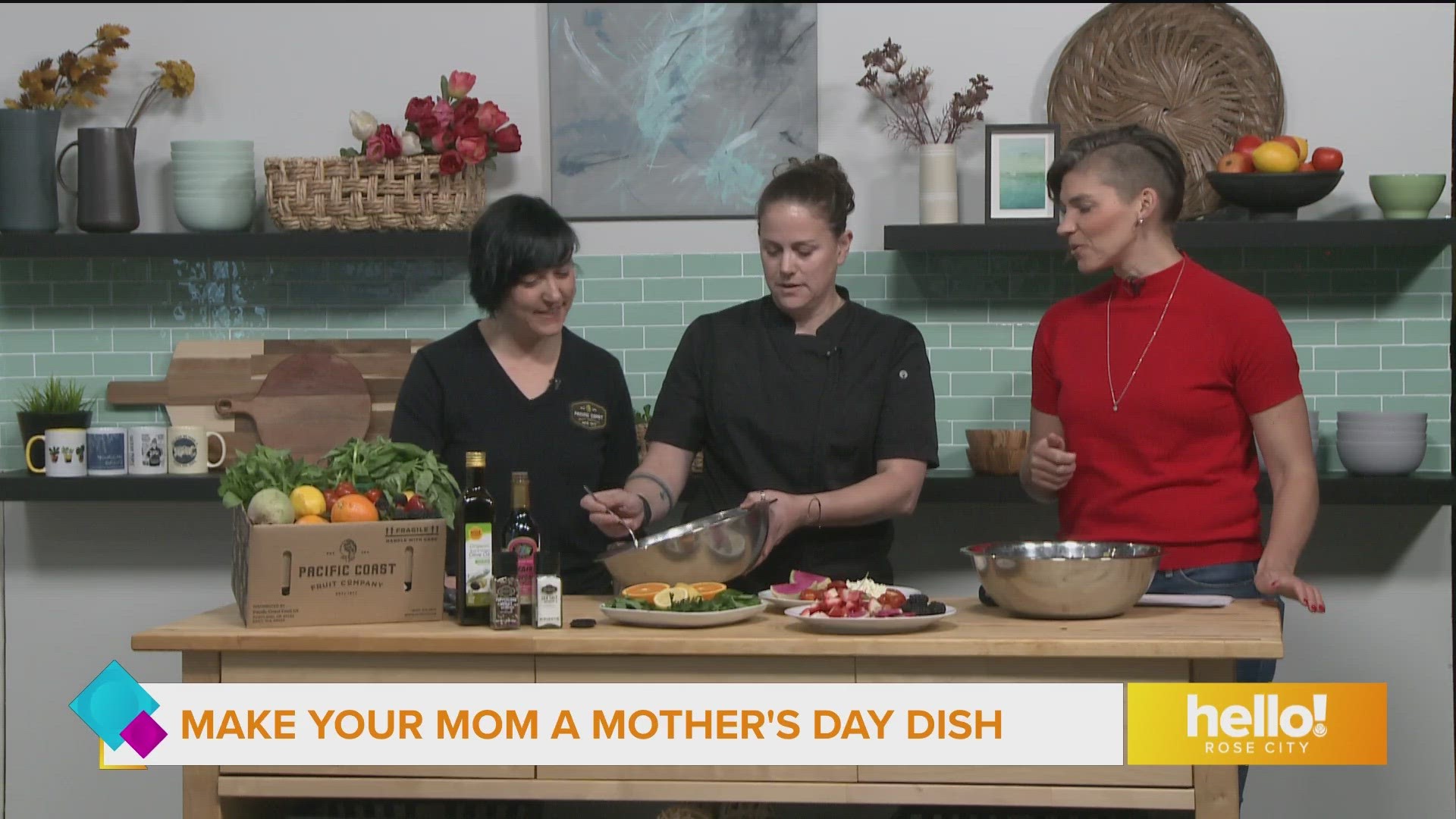 Chef Becca Richards from Stoller Wine Group and Chef Lacy Larson from Pacific Coast Fruit Company make a watermelon salad