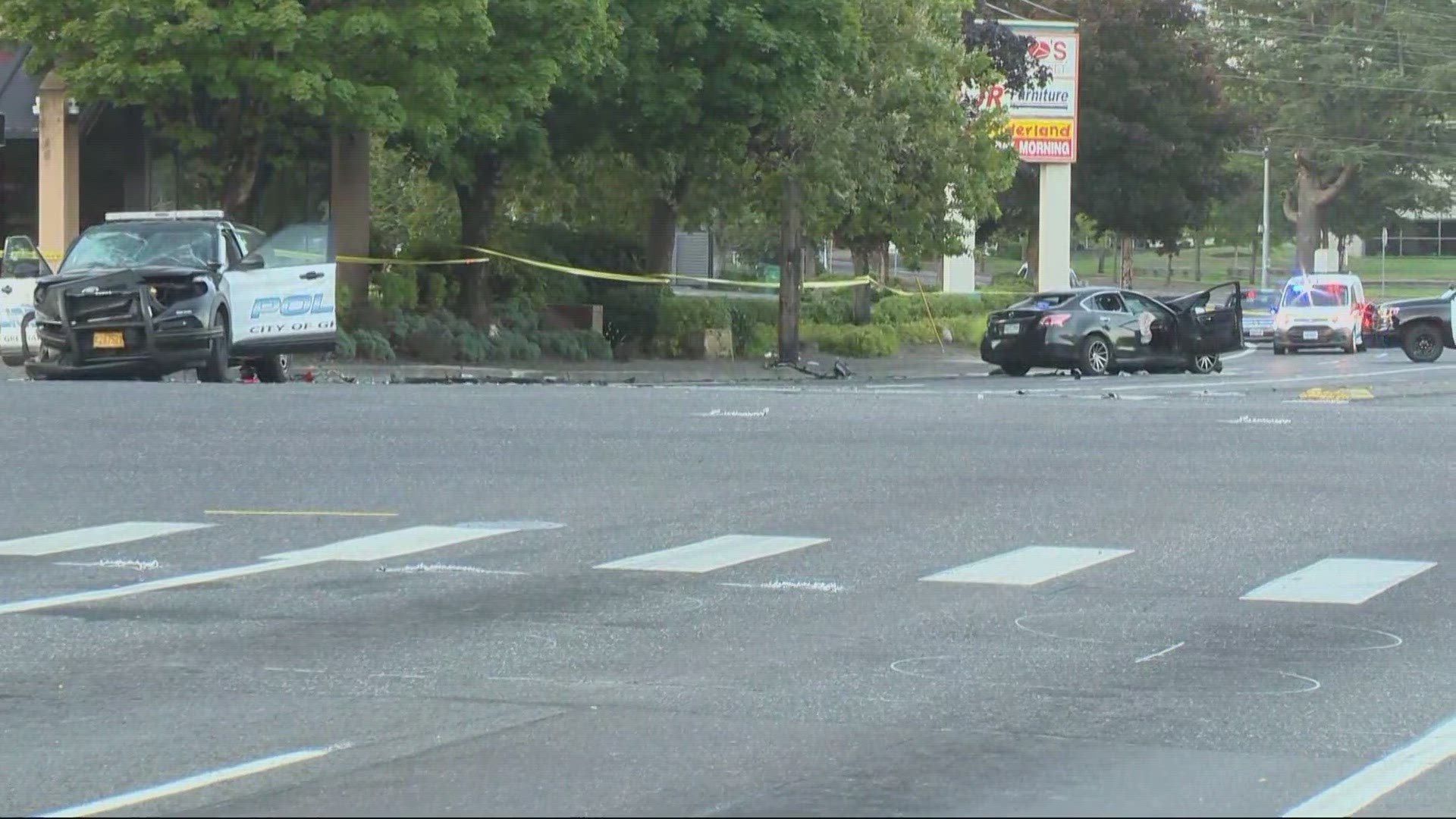 Four people including a police officer were taken to the hospital after a crash in Gresham early Friday morning.