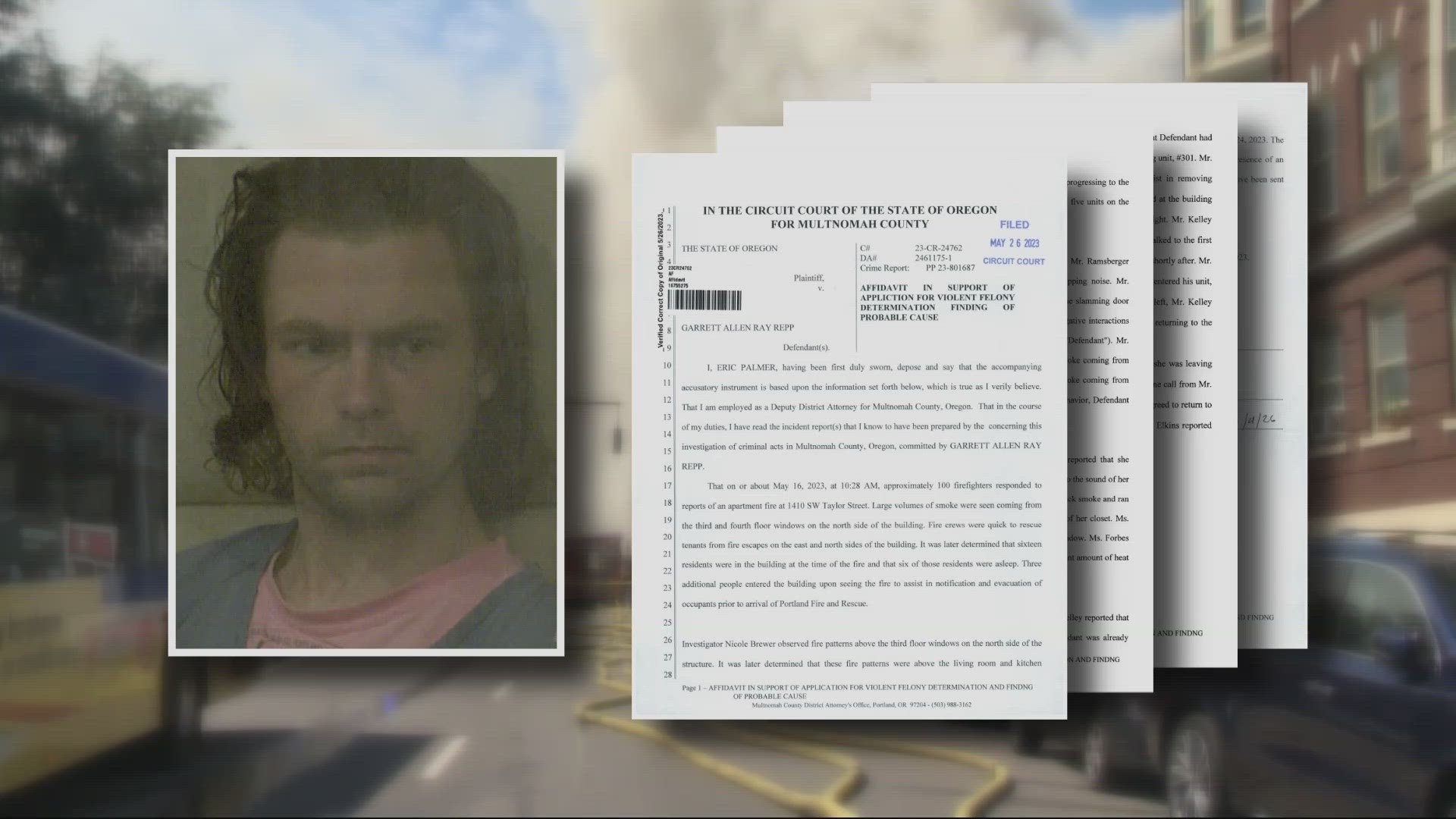 Garrett Repp is alleged to have started the fire in his own apartment less than two hours before police were scheduled to remove him, according to court documents.