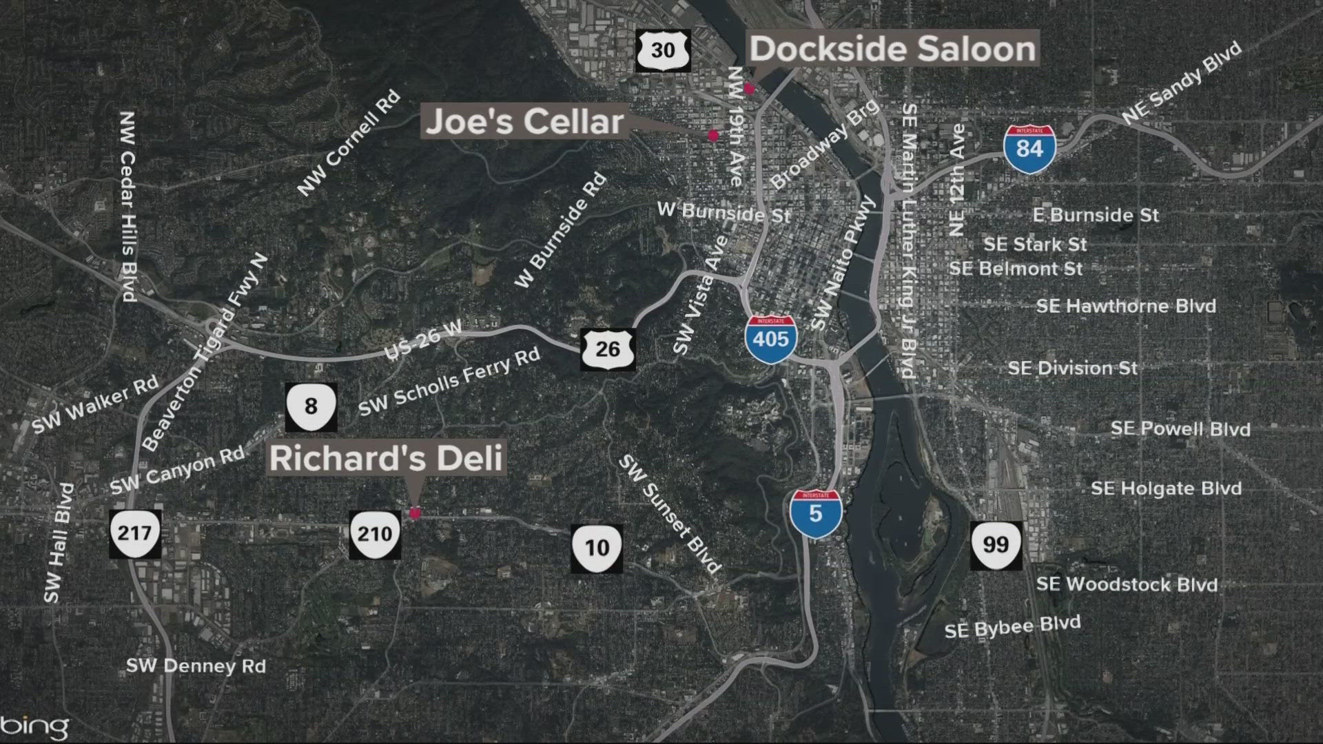 Three restaurants and bars were hit by an armed robber all within 30 minutes of each other in the Portland metro area.