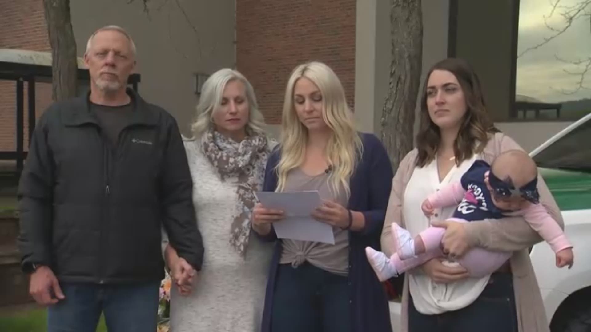 Cowlitz County sheriff's deputy Justin DeRosier's family read a statement to the media on Monday, April 22.