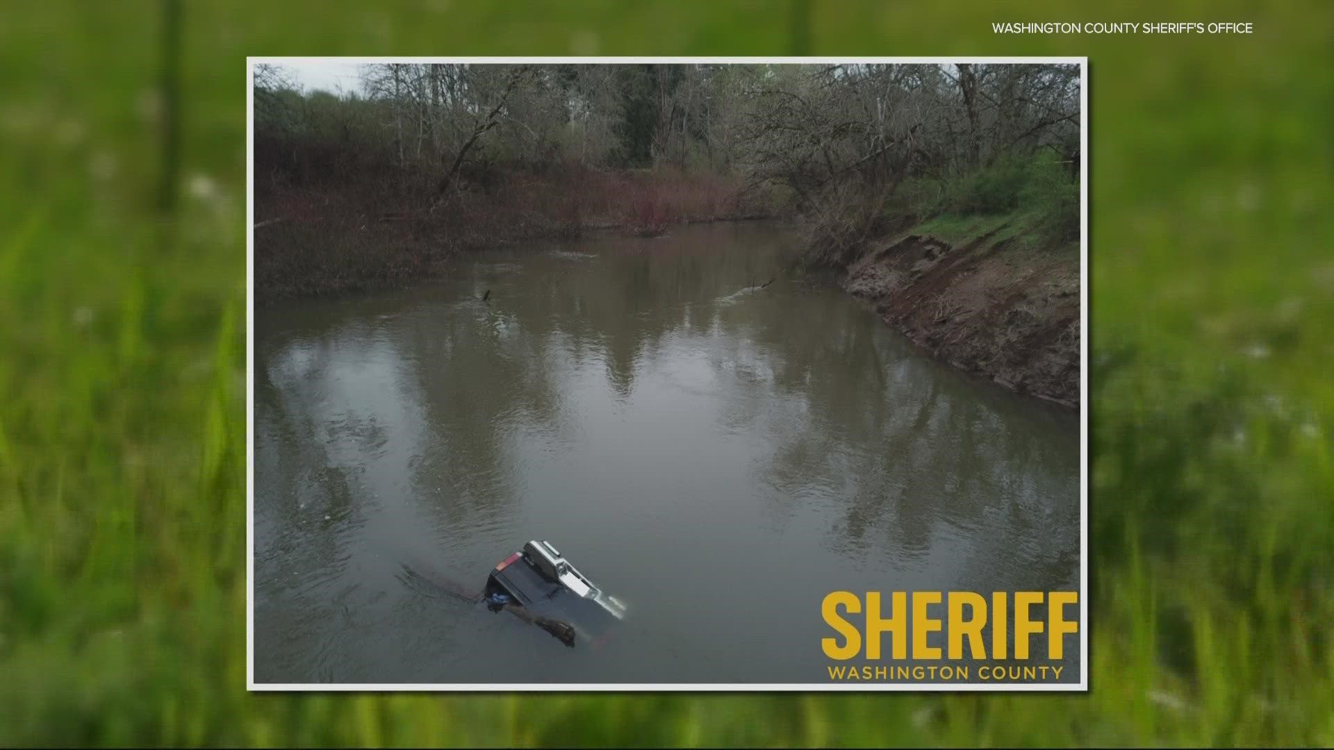 Deputies saved a pregnant woman from drowning after her boyfriend allegedly drove them into the Tualatin River while fleeing in a stolen pickup.
