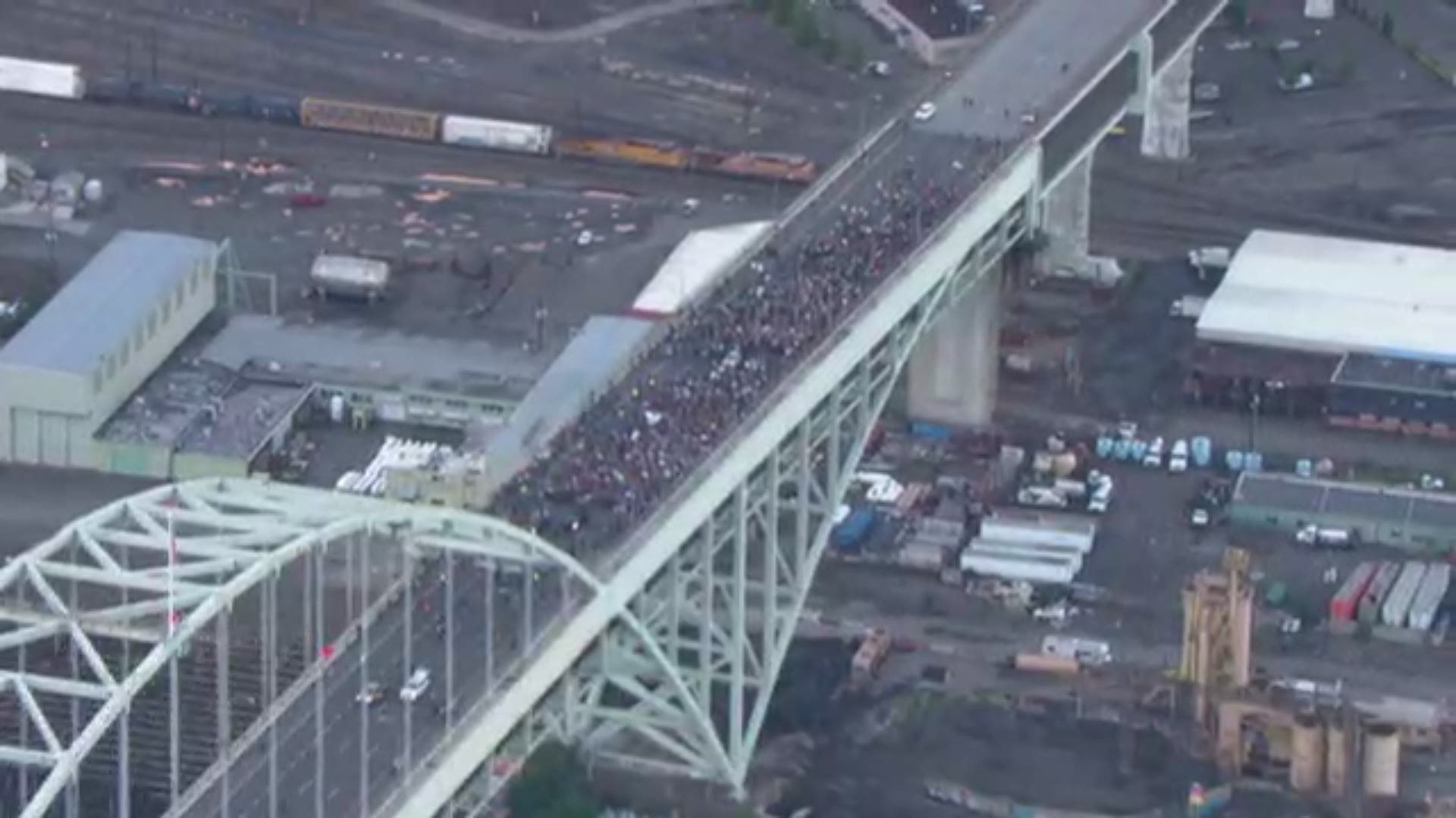 Portland protests Demonstrators march across Fremont Bridge