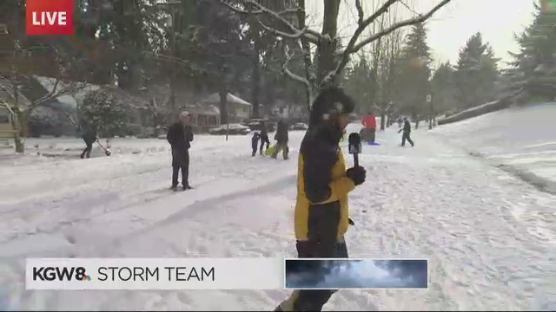 Keely Chalmers goes sledding during snow coverage in Portland on Feb. 9, 2019.